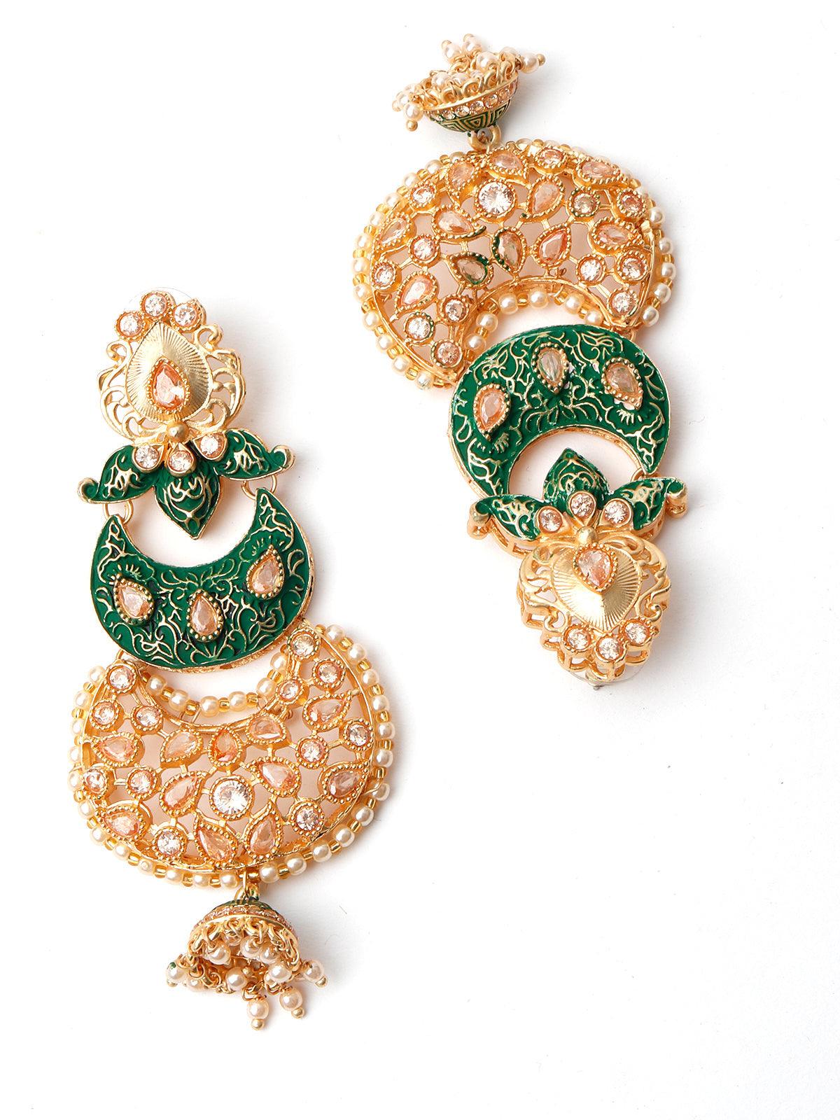 Odette Women Gold Tone Green Enameled Dangle Earrings - Image 5