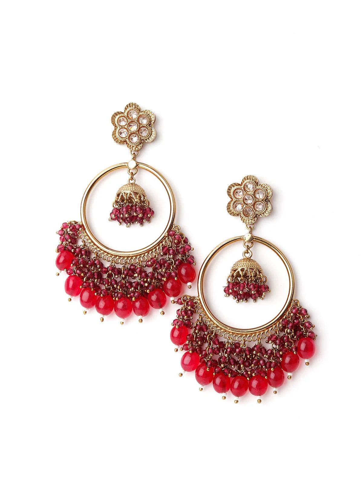 Odette Women Gold Tone Red Dangling Ring-Jhumka Earrings - Image 3