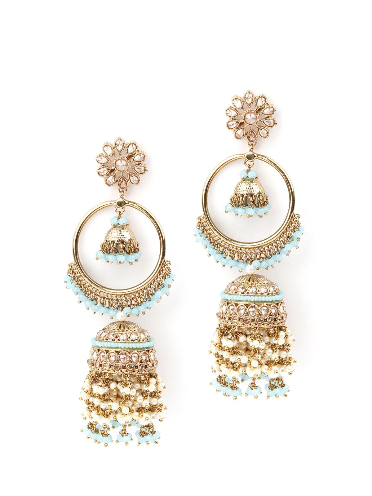 Odette Women Golden Ornate Sea Blue Stone Jhumki Earrings - Image 3