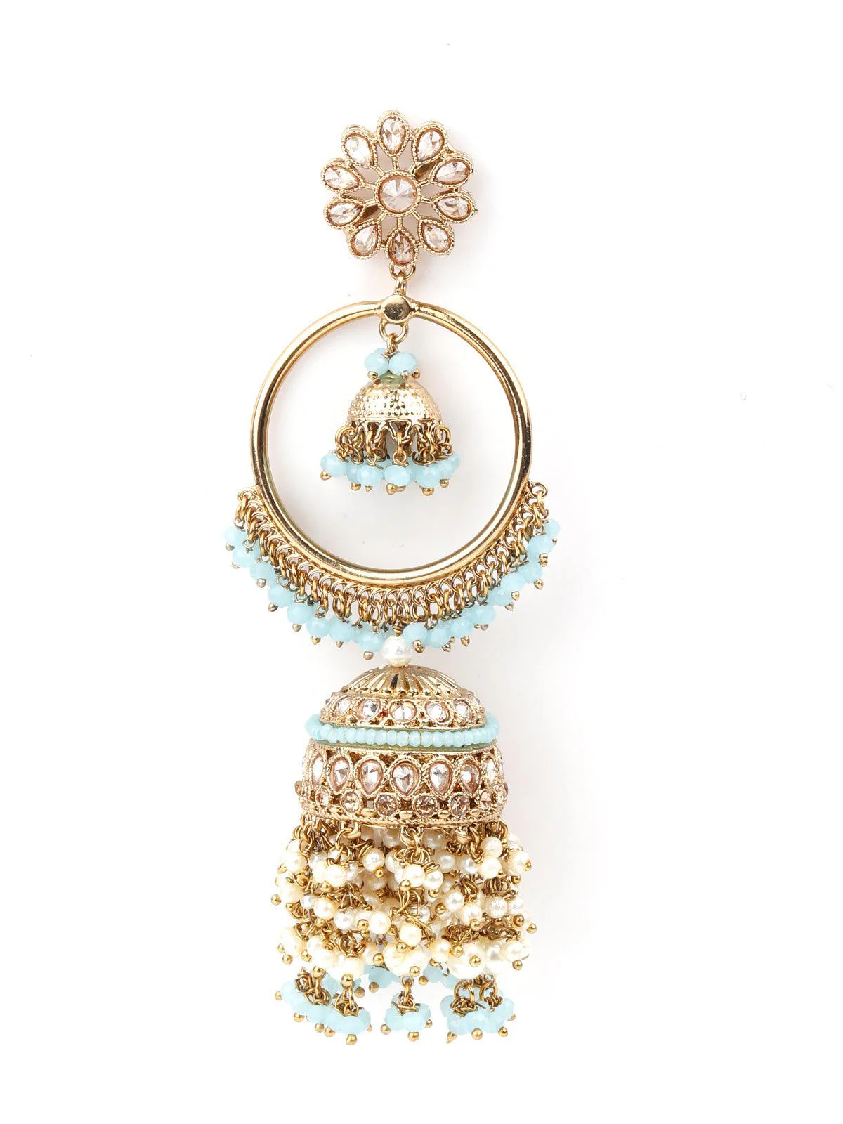 Odette Women Golden Ornate Sea Blue Stone Jhumki Earrings - Image 4