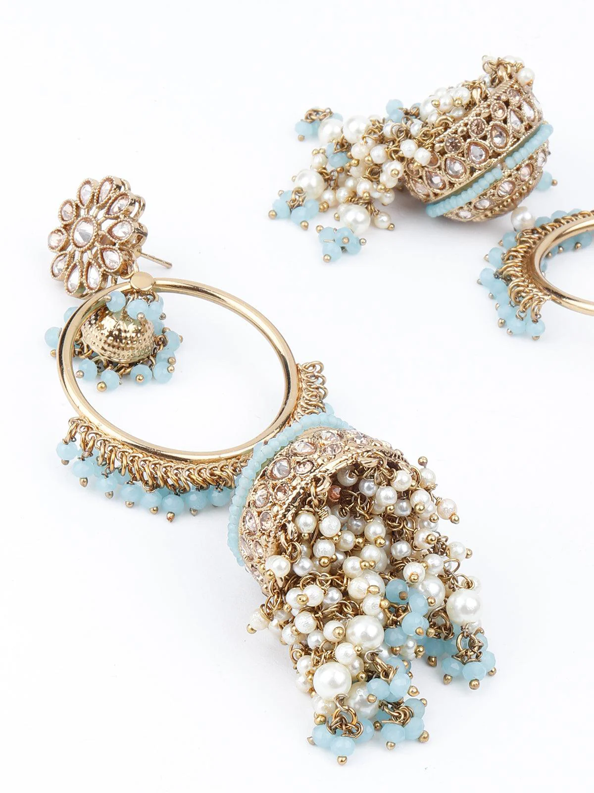 Odette Women Golden Ornate Sea Blue Stone Jhumki Earrings - Image 5