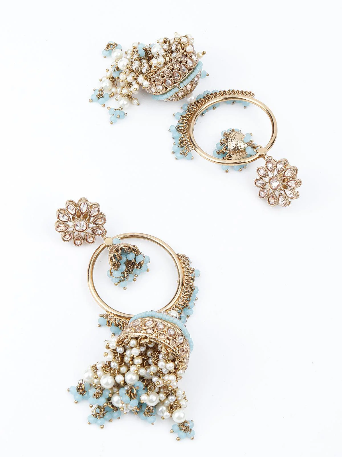 Odette Women Golden Ornate Sea Blue Stone Jhumki Earrings - Image 6