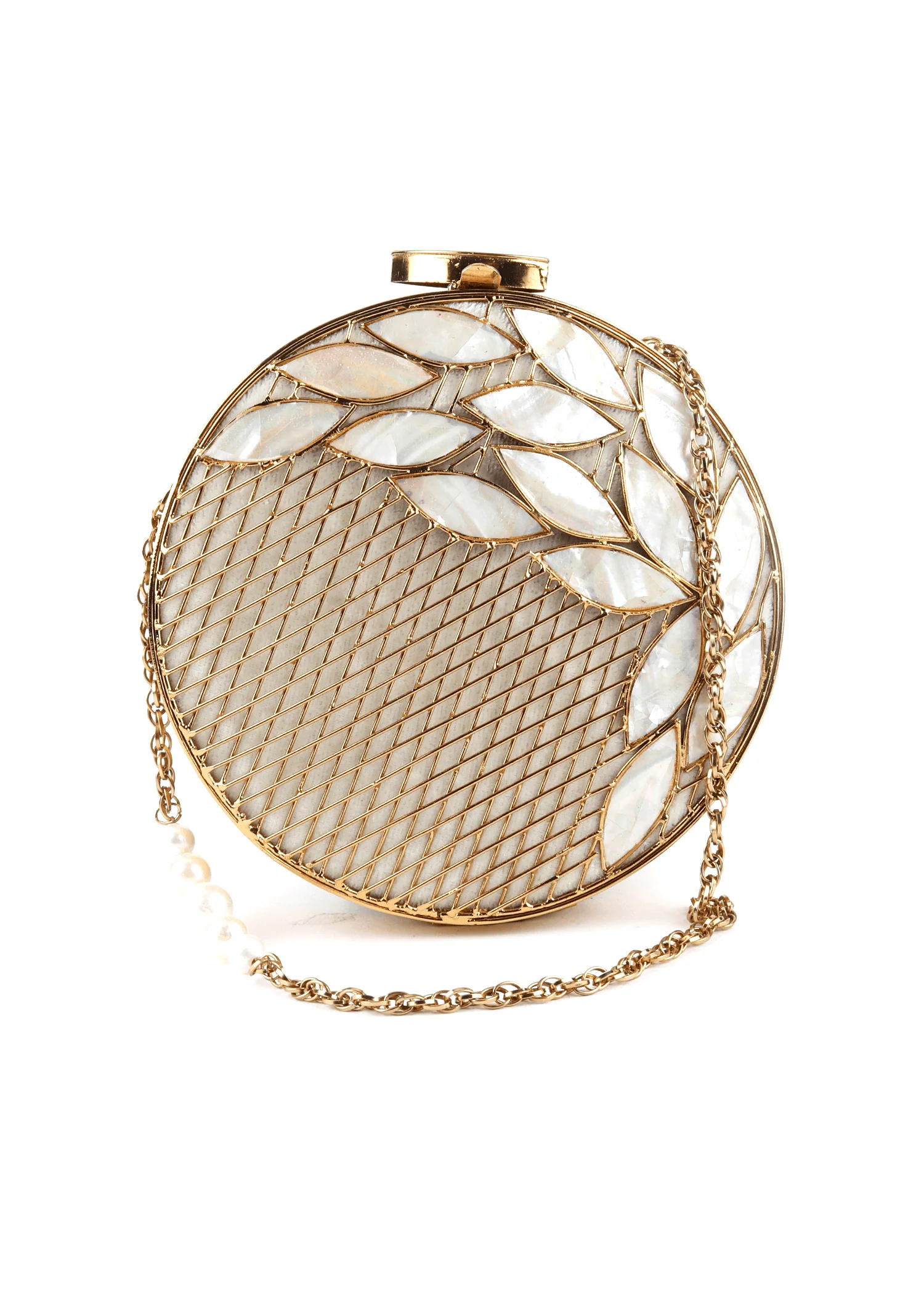 Odette Women Golden & White Metallic Round Clutch - Image 3