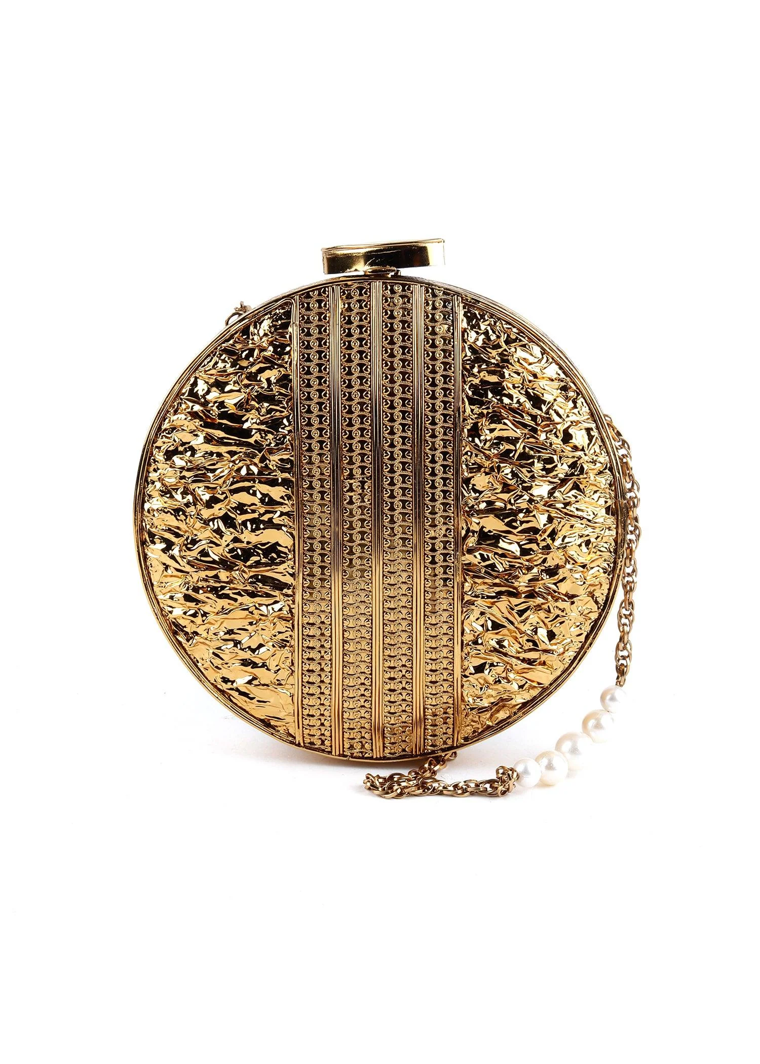 Odette Women Golden & White Metallic Round Clutch - Image 5