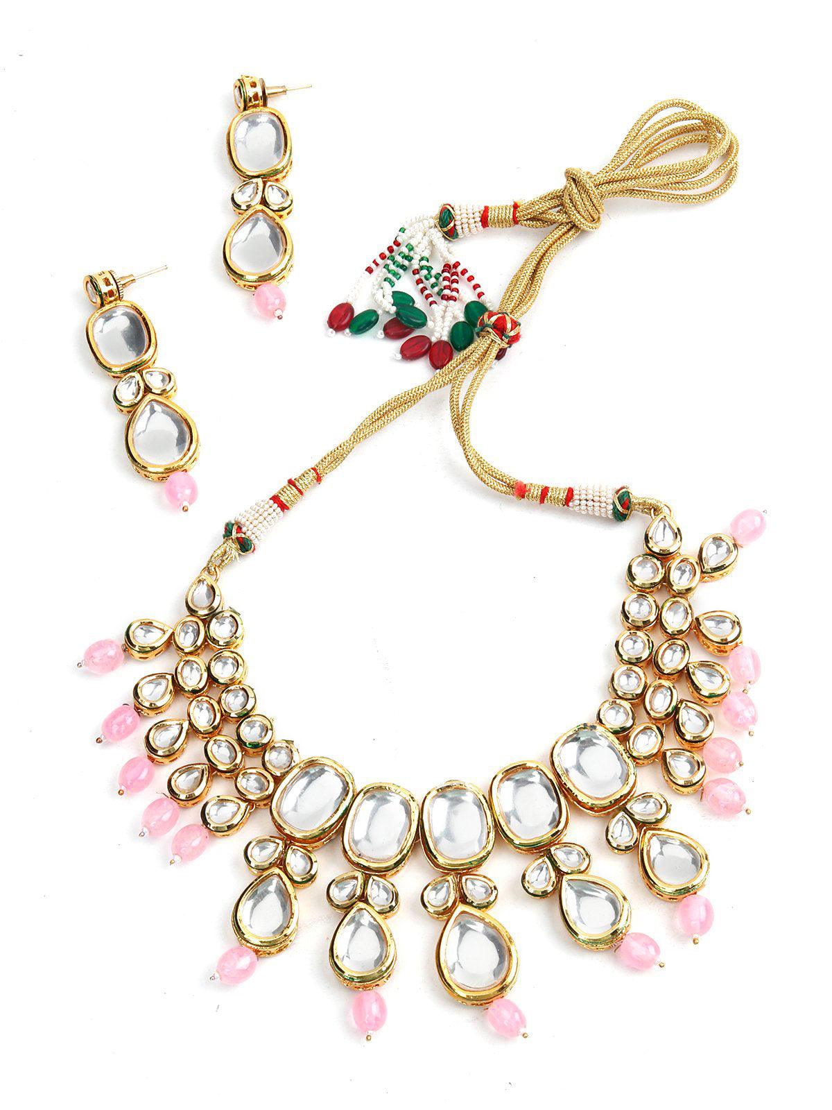 Odette Women Gorgeous Gold Tone Kundan-Pink Mani Choker Set - Image 3