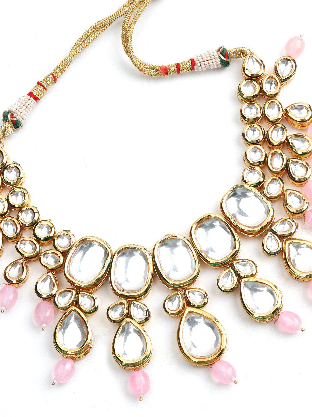 Odette Women Gorgeous Gold Tone Kundan-Pink Mani Choker Set - Image 4