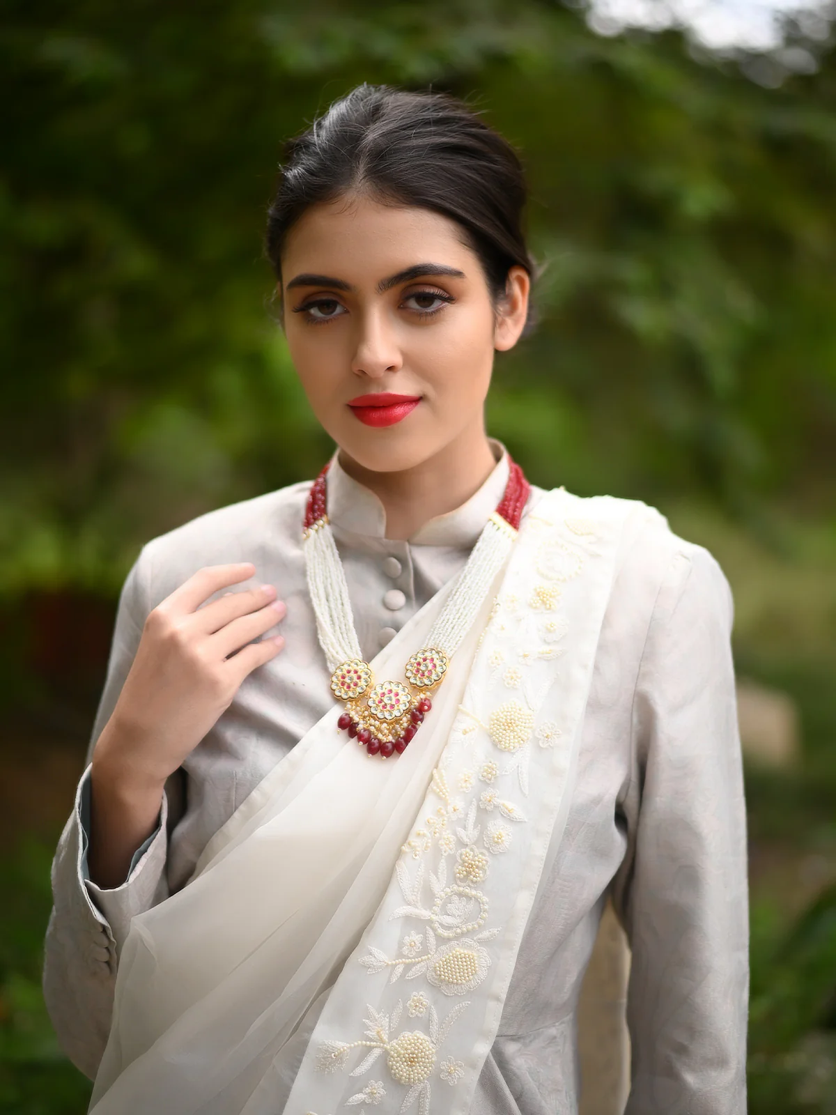Odette Women Gorgeous White And Red Long Necklace Set - Image 2