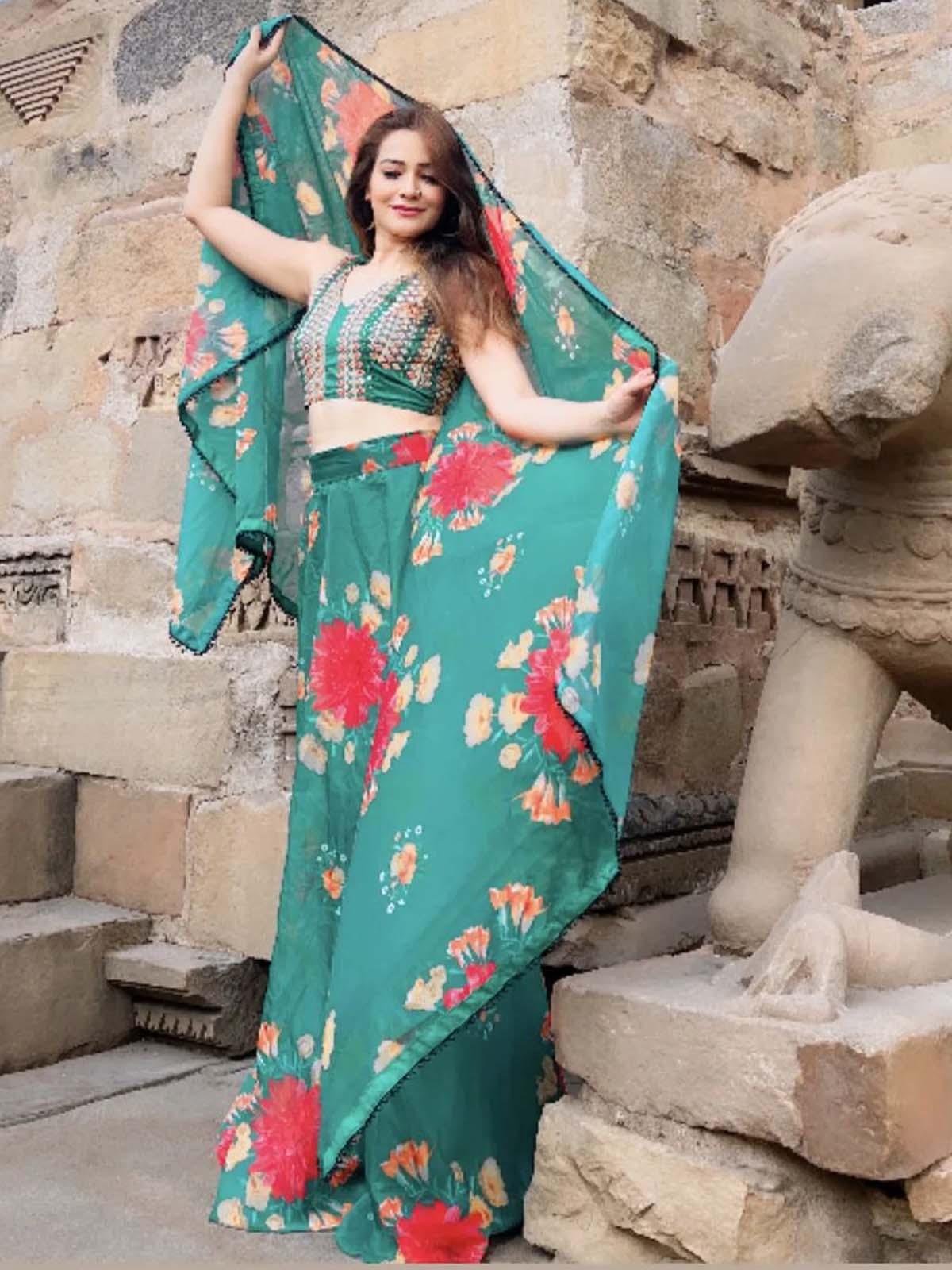 Odette Women Green Printed Stunning Semi Stitched Lehenga With Unstitched Blouse - Image 2