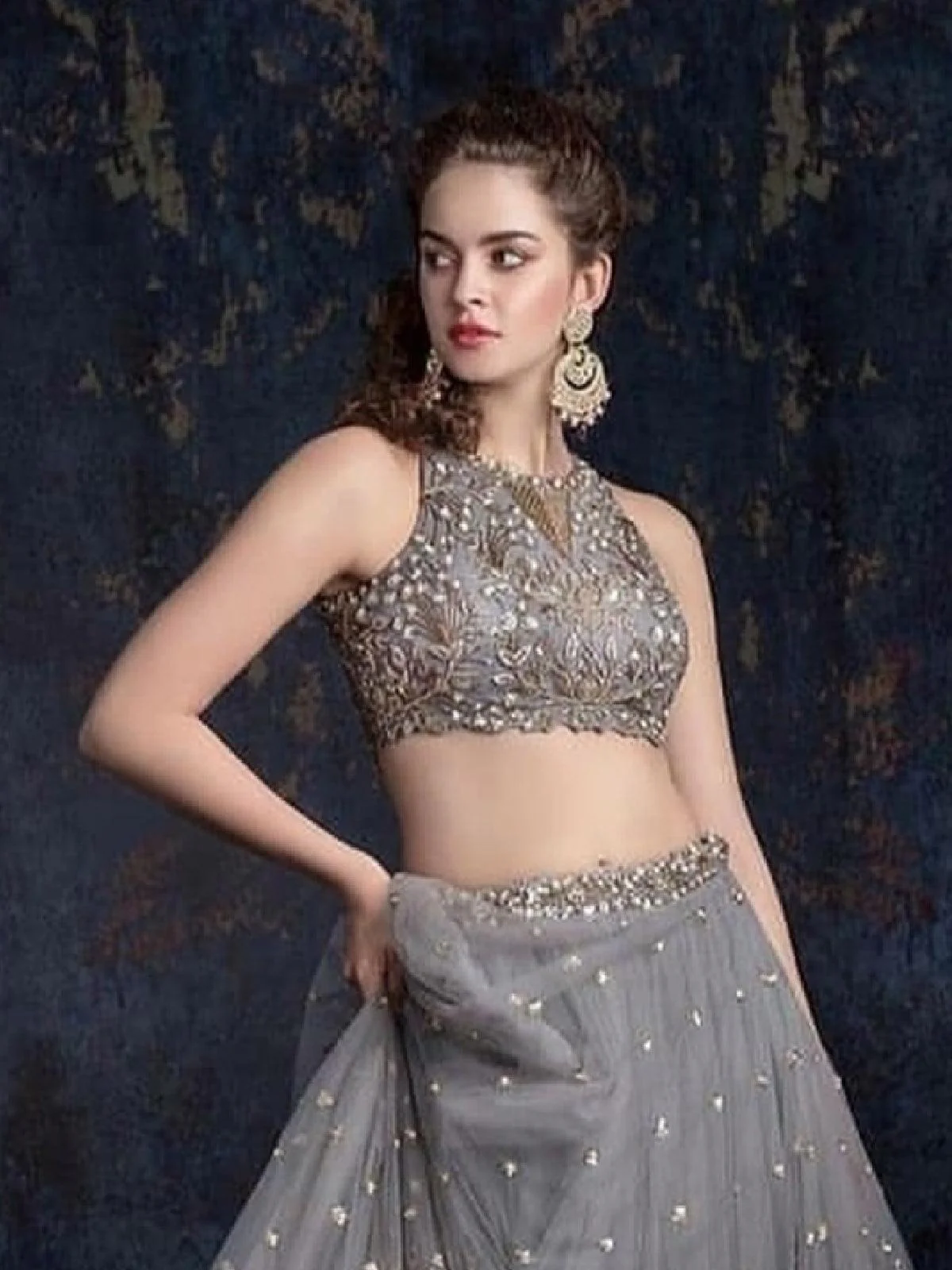Odette Women Grey Designer Semi Stitched Lehenga With  Unstitched Blouse - Image 2
