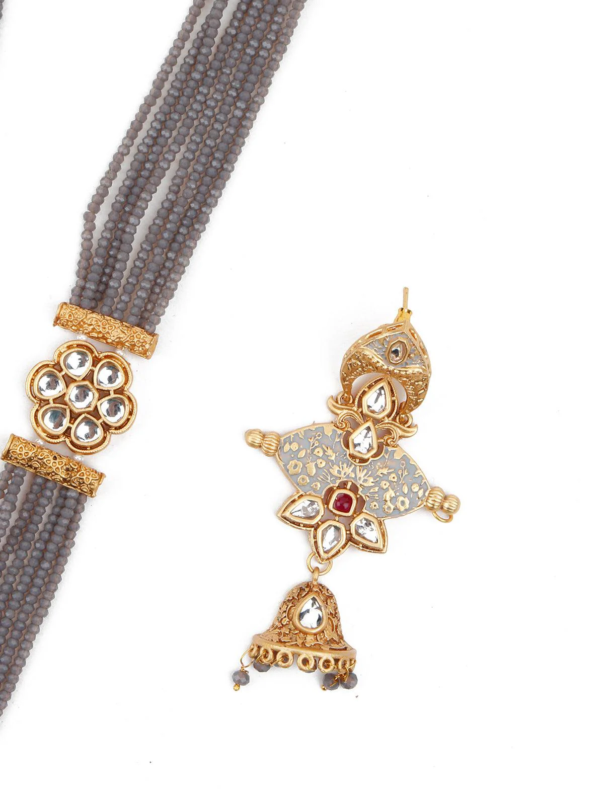 Odette Women Grey Onyx-Kundan-Enamelled Necklace Set! - Image 5
