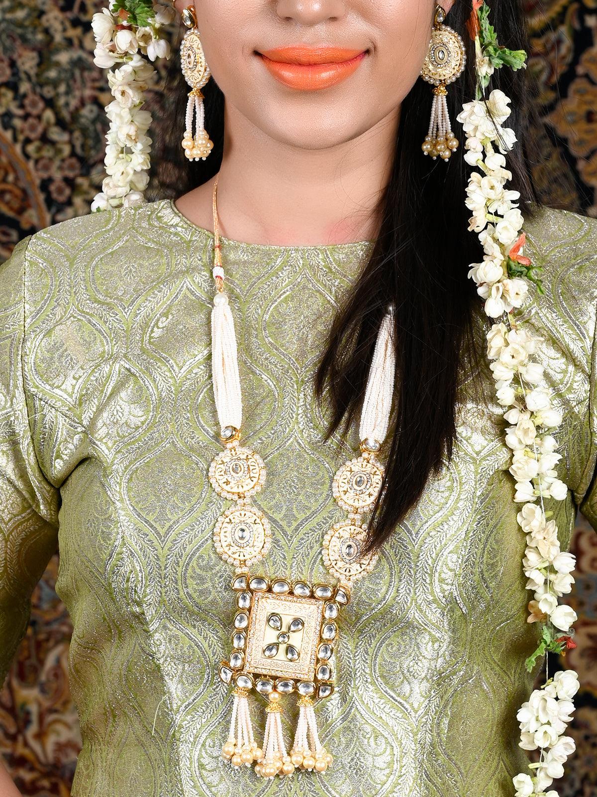 Odette Women Heavy Beige Enamelled Kundan-Pearl Necklace Set - Image 2