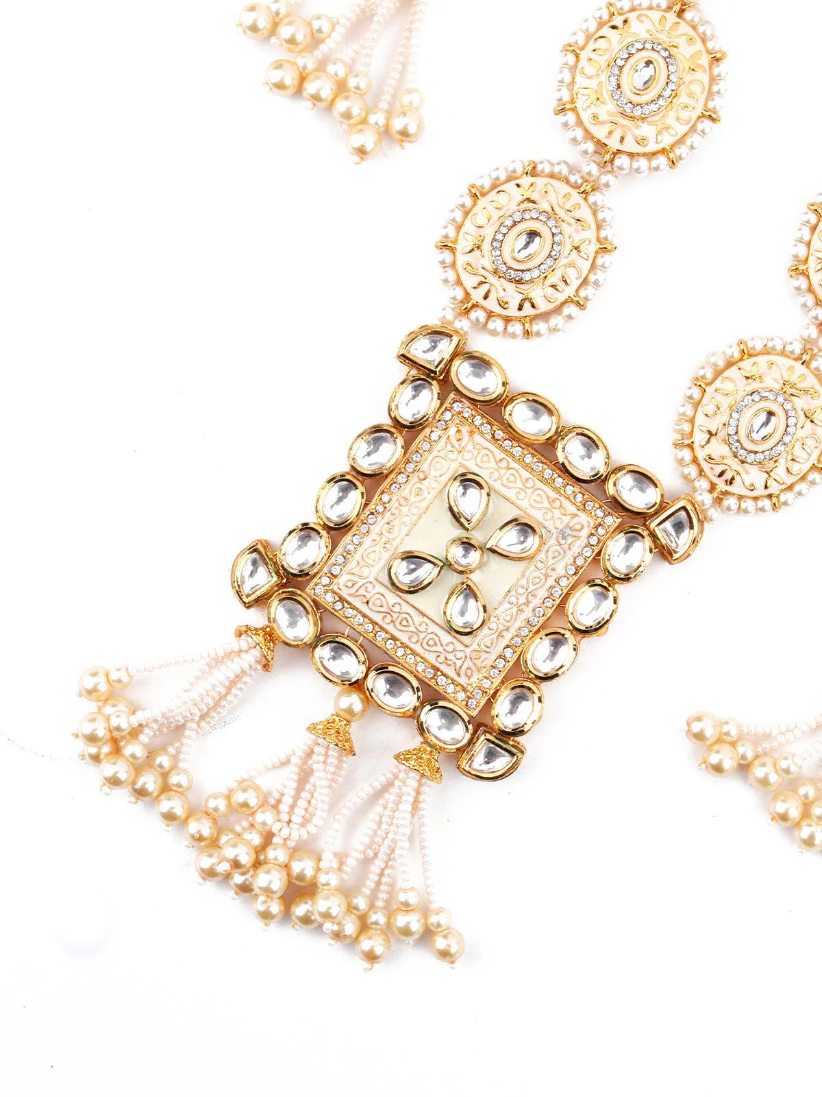 Odette Women Heavy Beige Enamelled Kundan-Pearl Necklace Set - Image 4