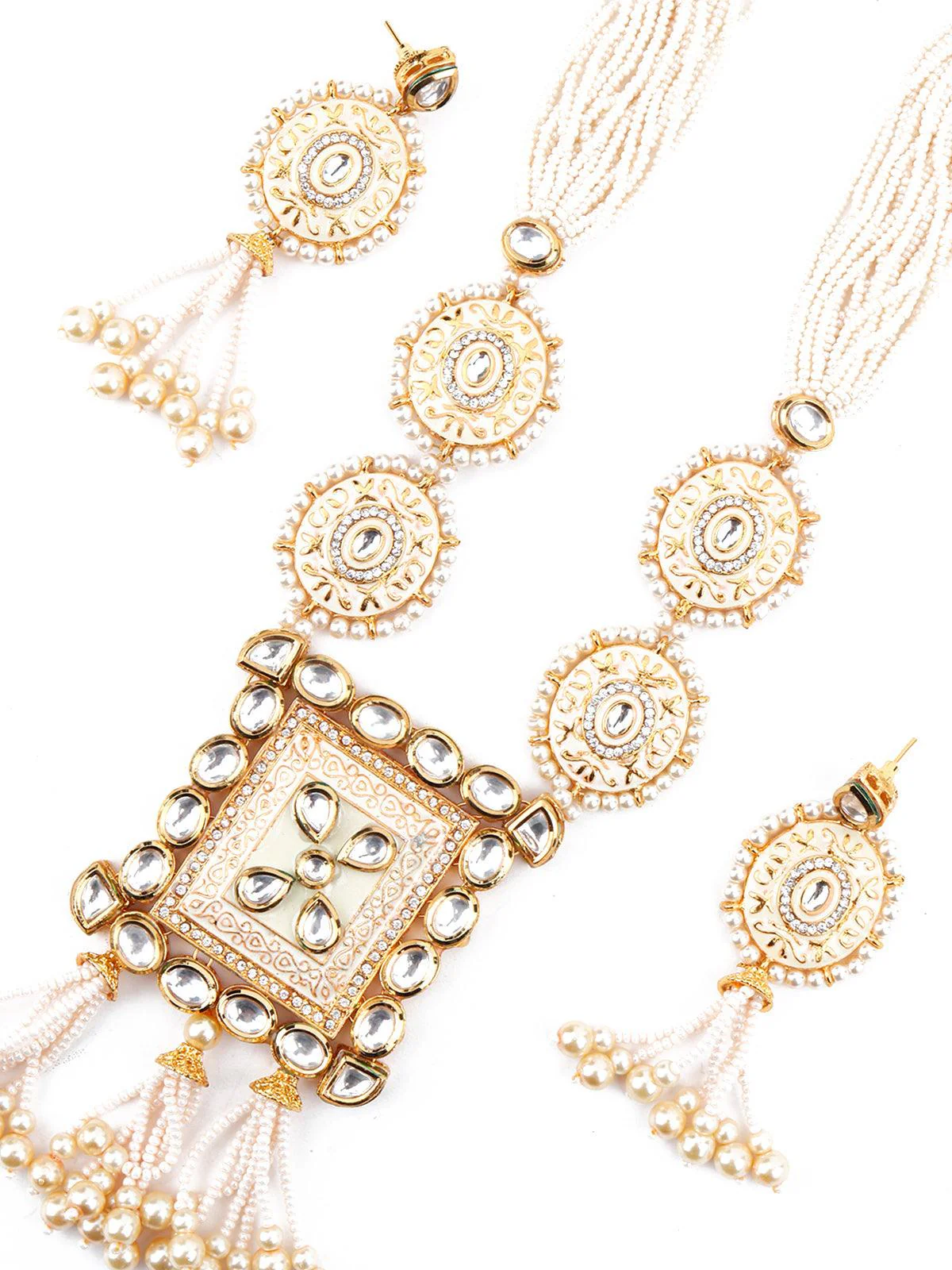 Odette Women Heavy Beige Enamelled Kundan-Pearl Necklace Set - Image 5