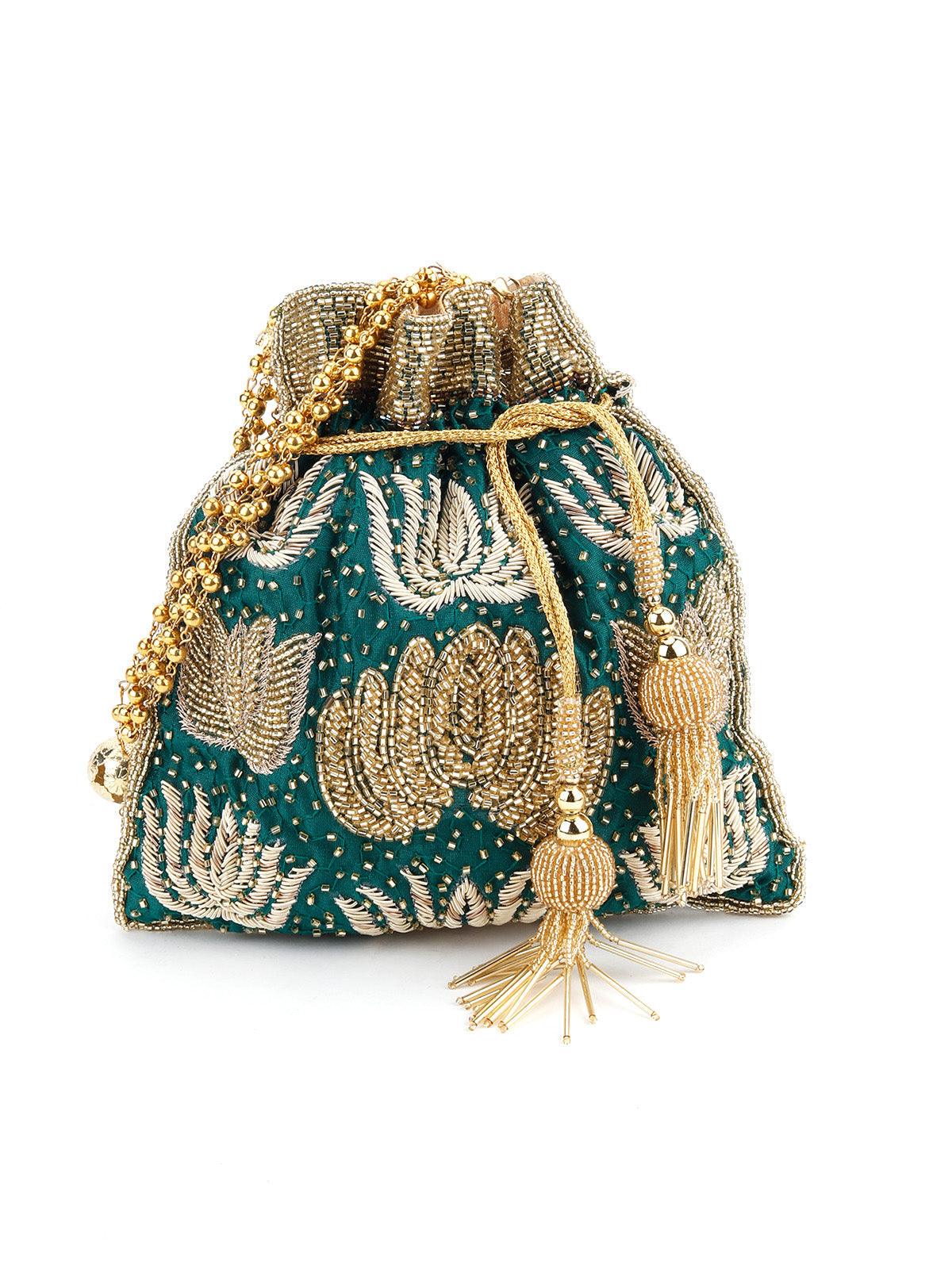 Odette Women Leaf Green Heavily Beaded Ethnic Potli - Image 3