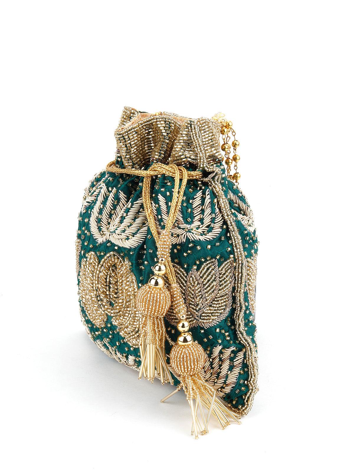 Odette Women Leaf Green Heavily Beaded Ethnic Potli - Image 4