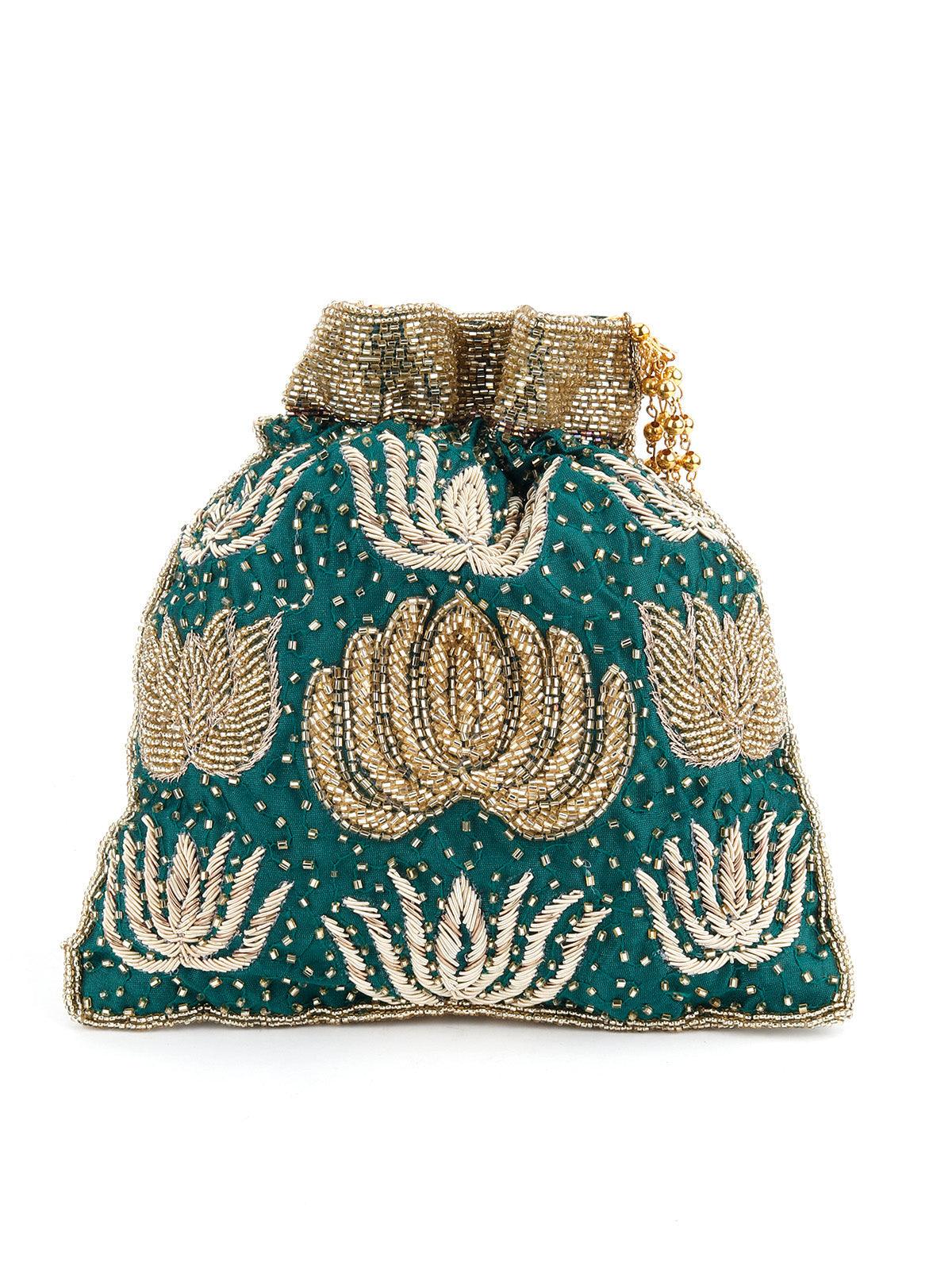 Odette Women Leaf Green Heavily Beaded Ethnic Potli - Image 5