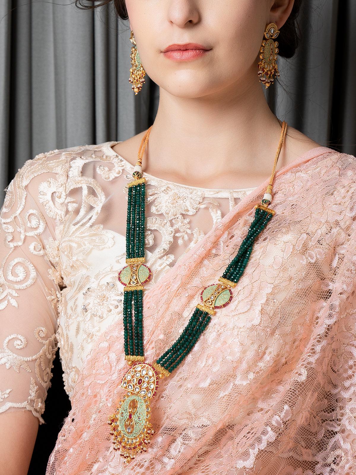 Odette Women Long Stupefying Green Onyx Kundan Necklace Set - Image 2
