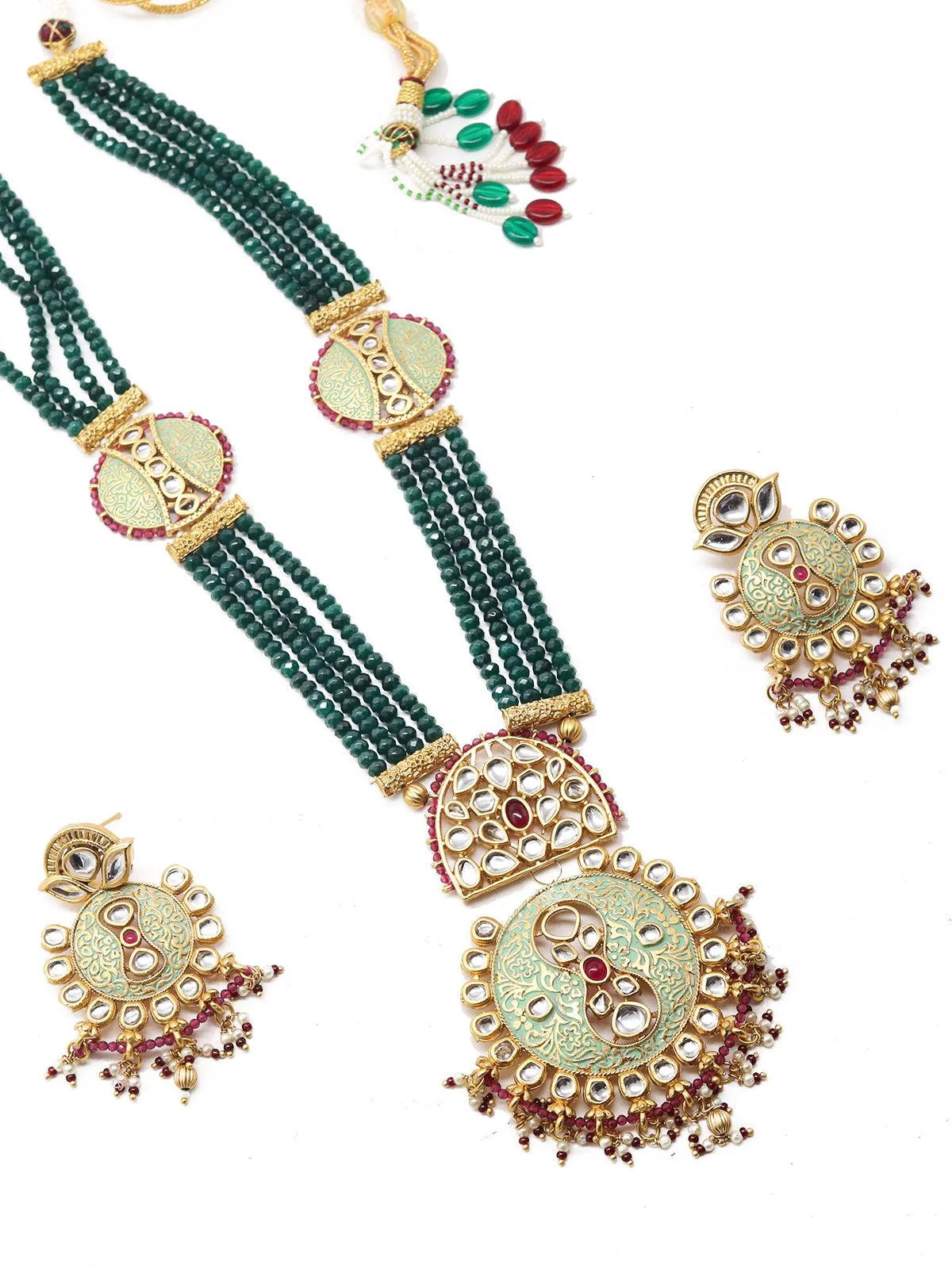 Odette Women Long Stupefying Green Onyx Kundan Necklace Set - Image 4