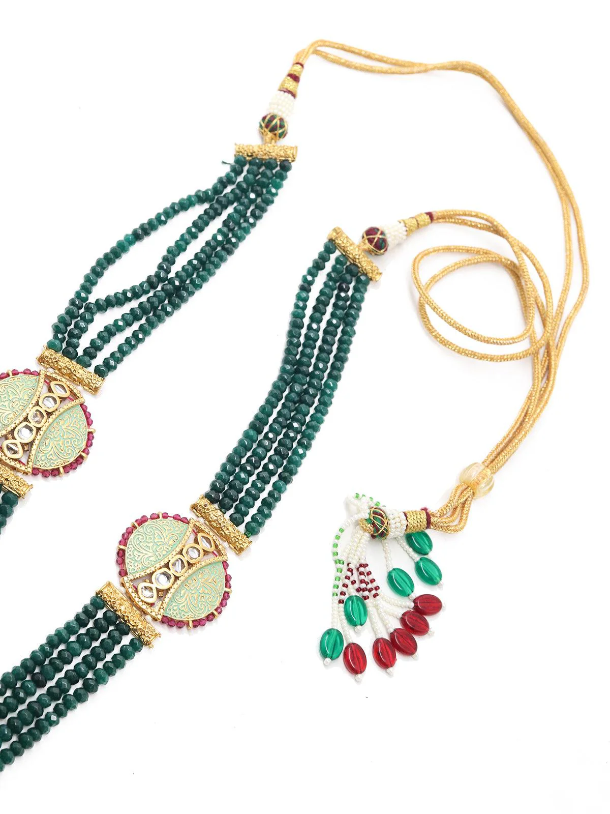 Odette Women Long Stupefying Green Onyx Kundan Necklace Set - Image 7