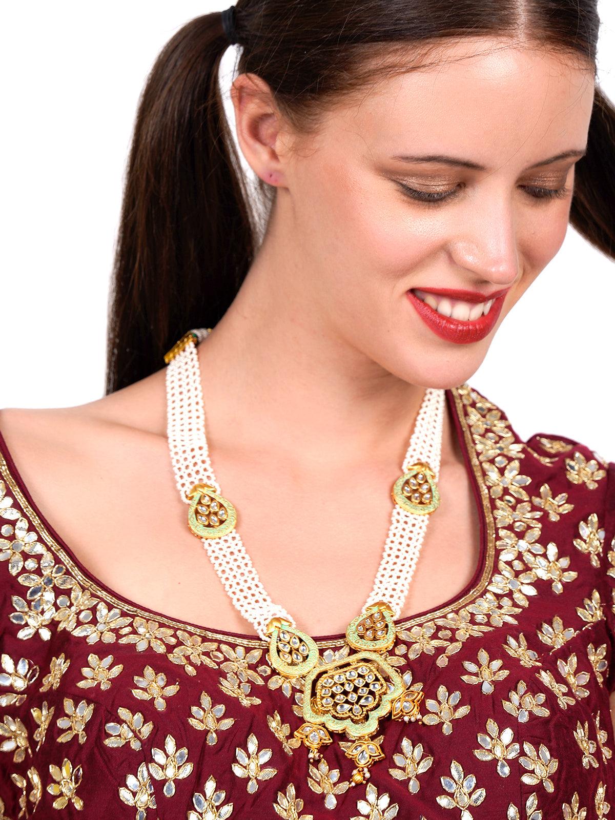 Odette Women Lovely Classical Semiprecious Kundan &Amp; Pearl Green Necklace With Earrings!