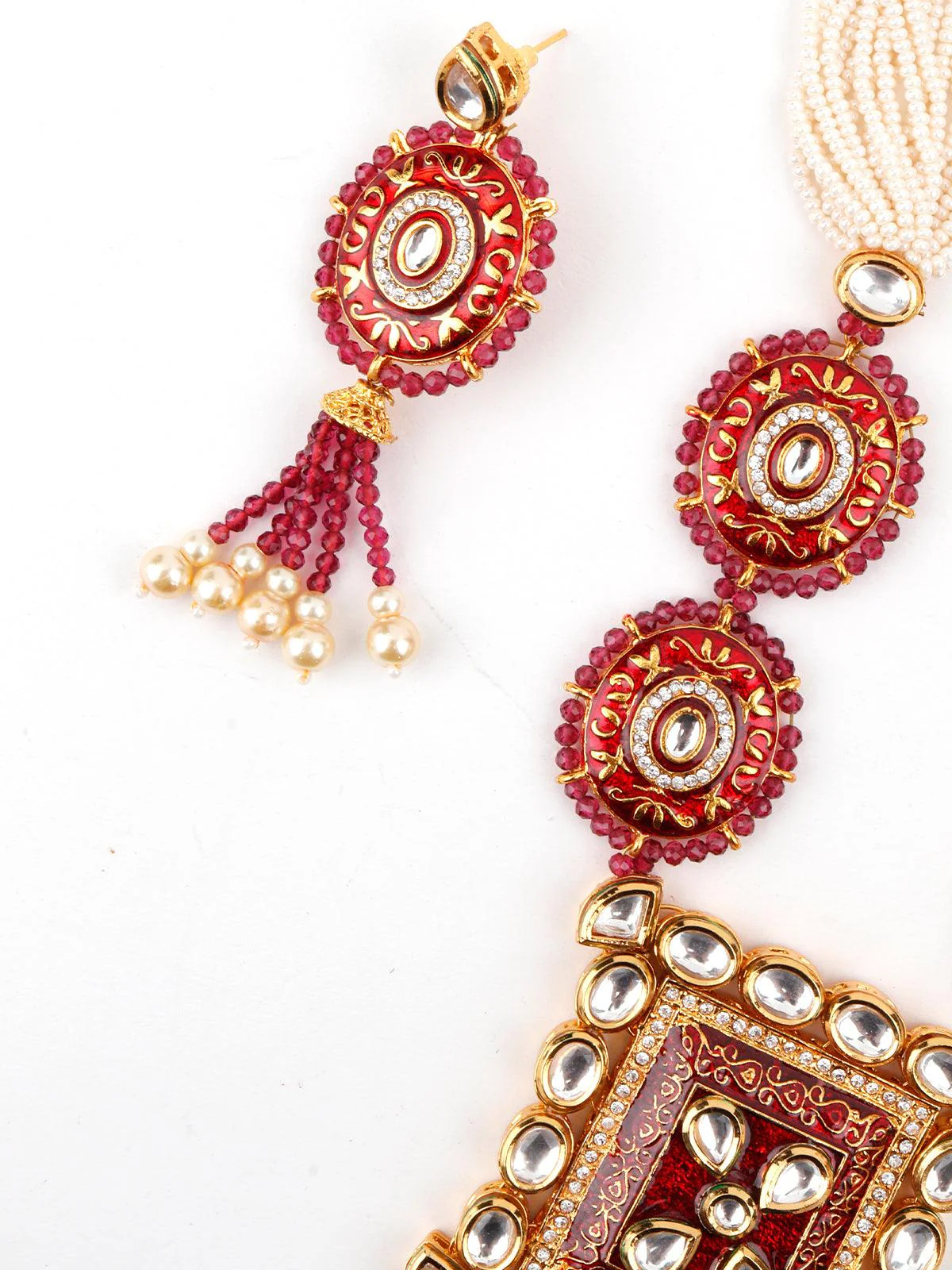Odette Women Lush Pink Stone Red Enamelled Enticing Onyx-Kundan Necklace Set - Image 6