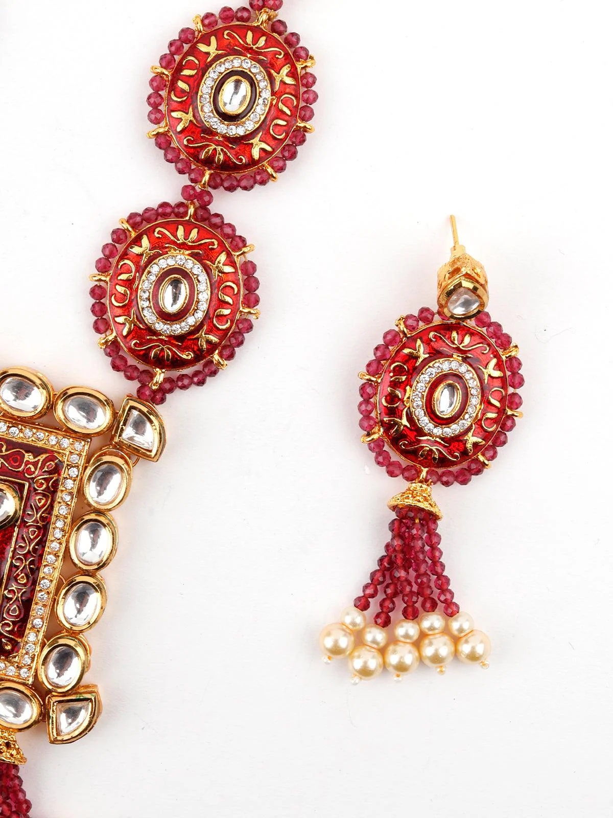 Odette Women Lush Pink Stone Red Enamelled Enticing Onyx-Kundan Necklace Set - Image 7