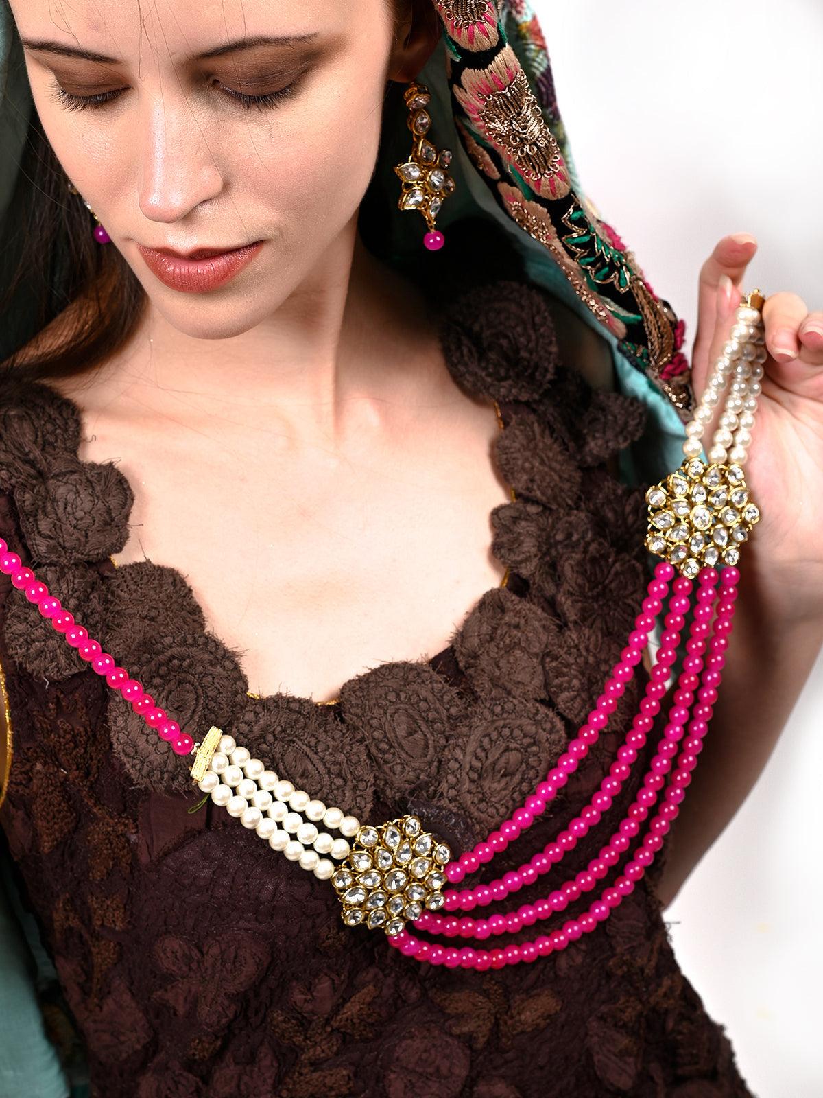 Odette Women Magenta Pink And Regular Faux Pearl Necklace With Earrings! - Image 2