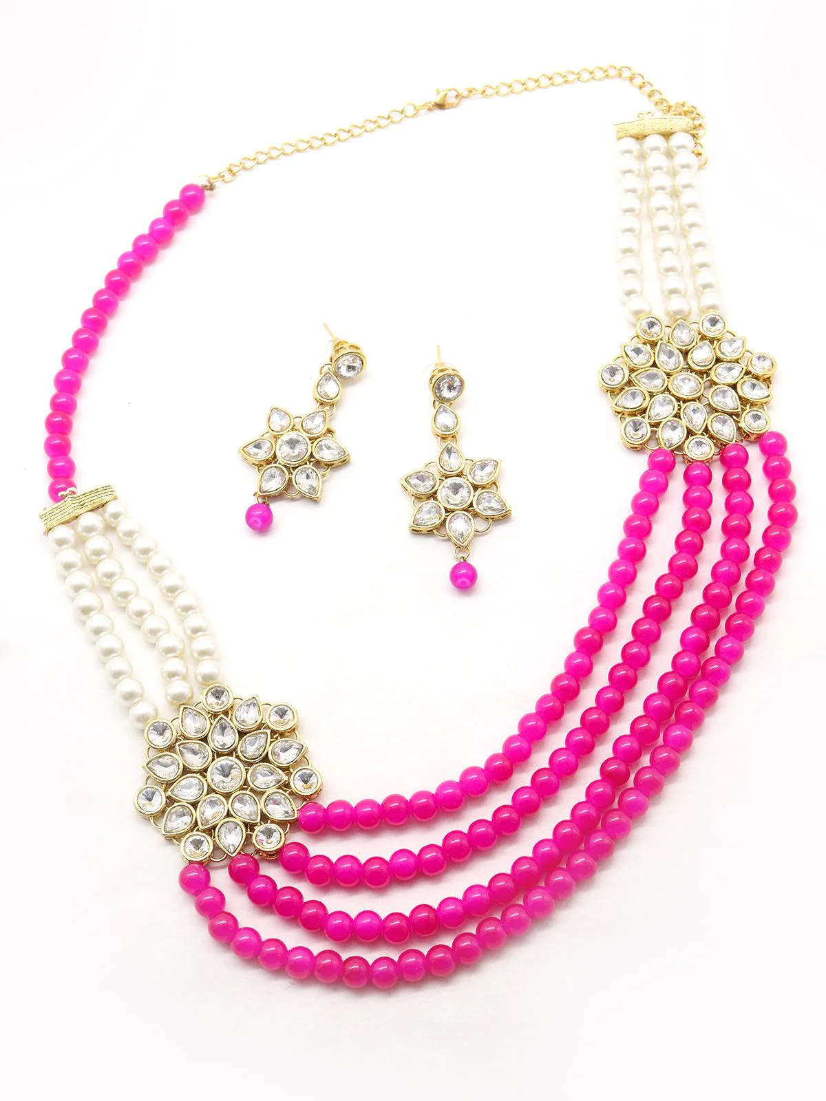 Odette Women Magenta Pink And Regular Faux Pearl Necklace With Earrings! - Image 3