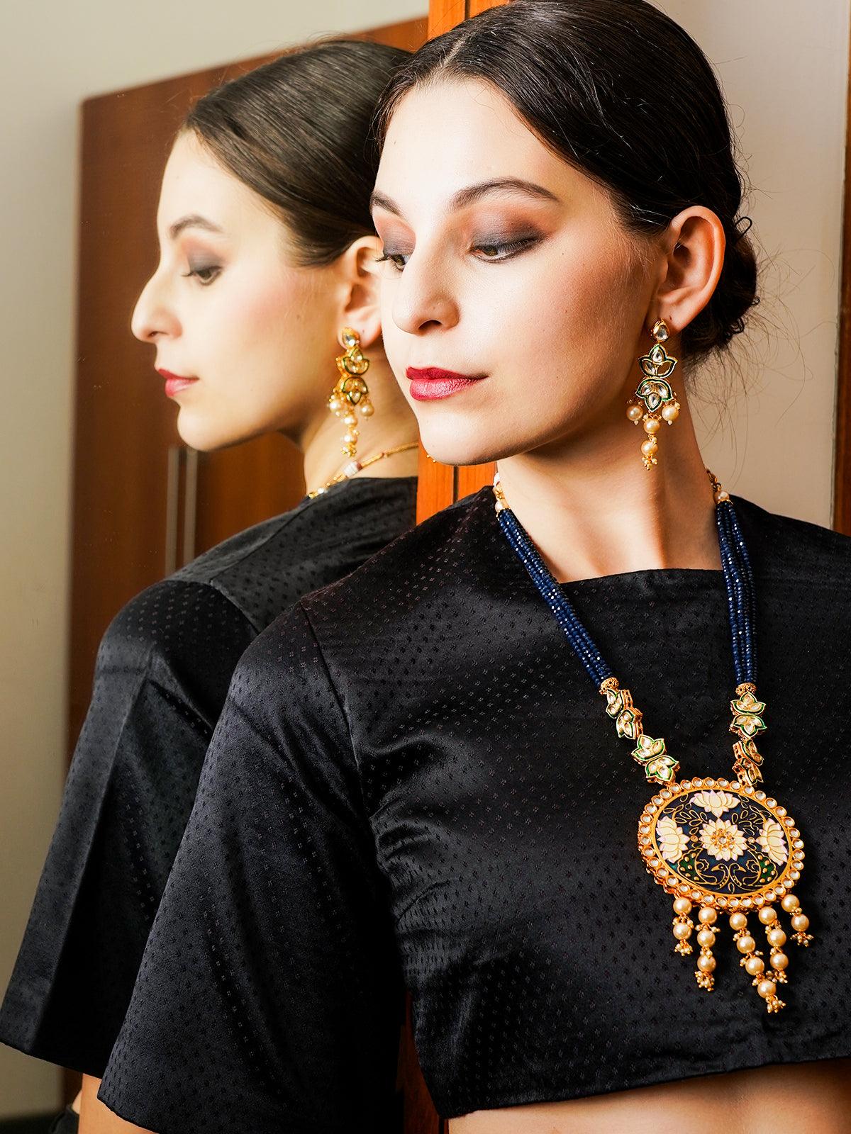 Odette Women Maharani Blue Onyx Kundan Necklace Set!