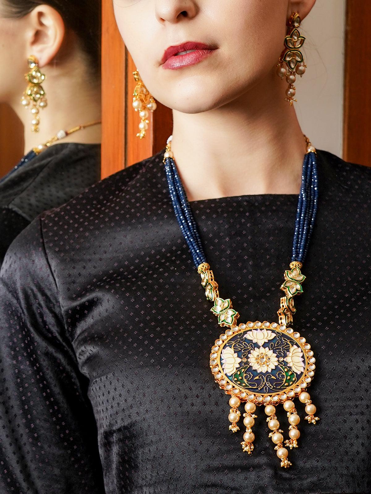 Odette Women Maharani Blue Onyx Kundan Necklace Set! - Image 2