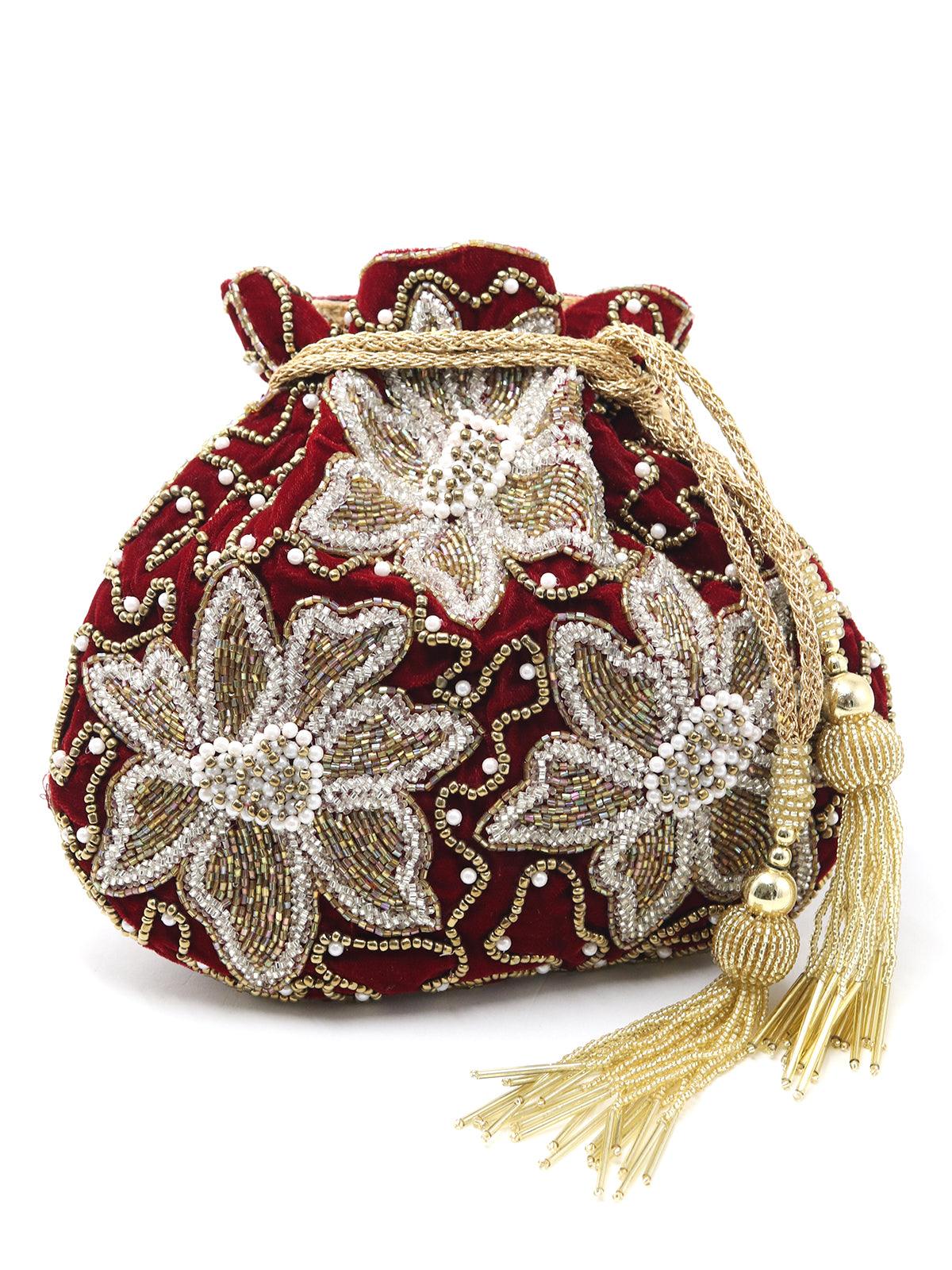 Odette Women Maroon And Golden Beaded Potli Handbag! - Image 3