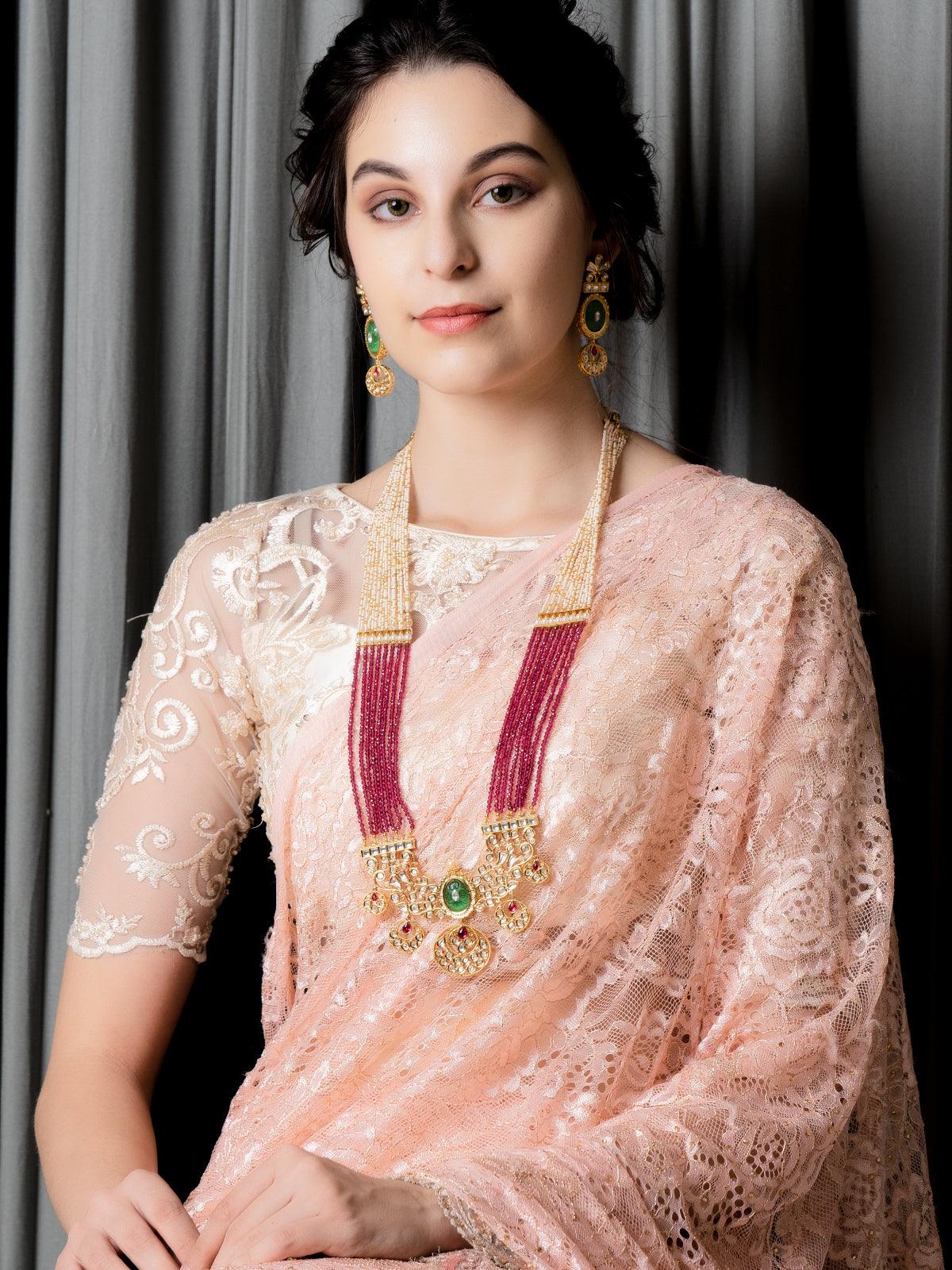 Odette Women Maroon Long Magical Onyx Kundan Necklace Set - Image 2