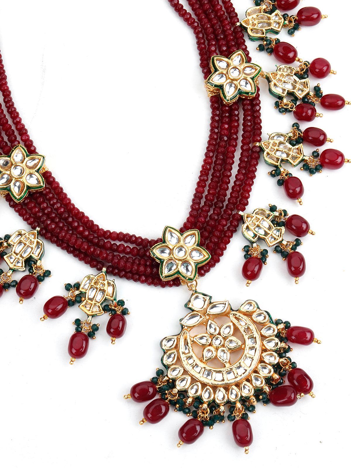 Odette Women Maroon Multistring Onyx-Mani-Kundan Necklace Set! - Image 6