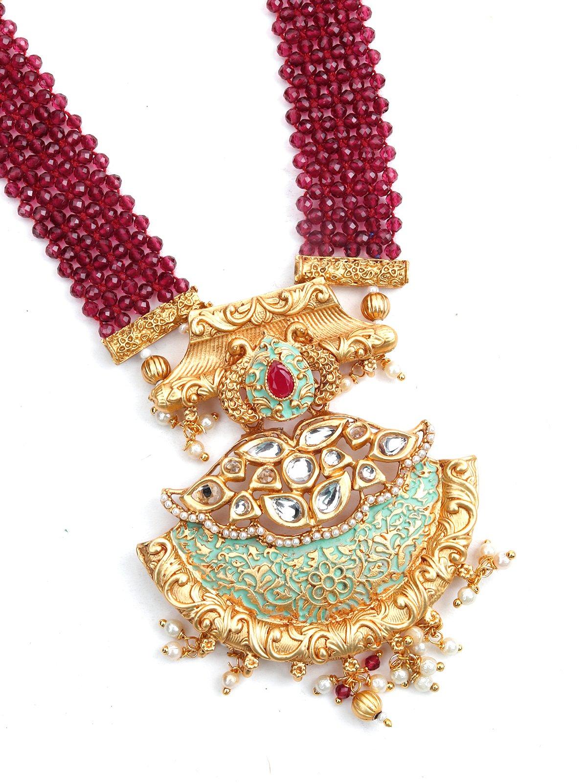 Odette Women Maroon Onyx And White Pearl Necklace Set - Image 6
