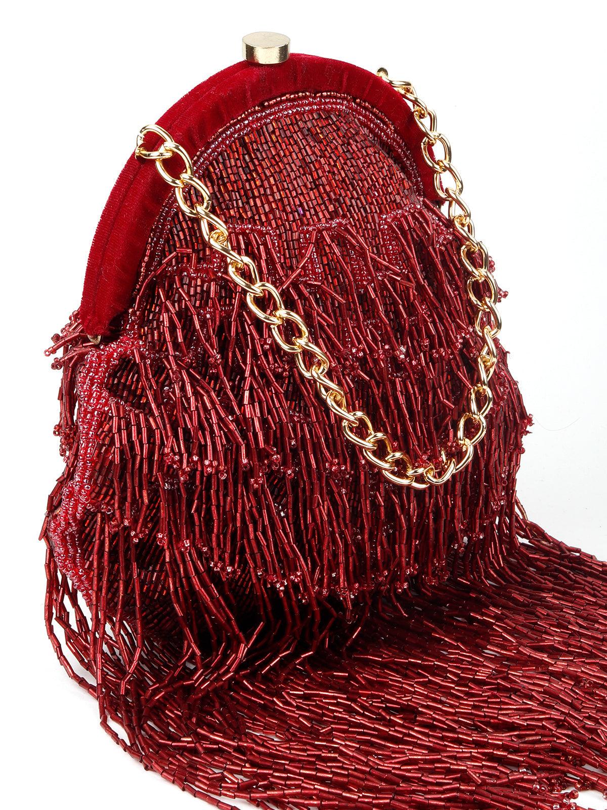 Odette Women Maroon Pleasing Tassel Batuwa - Image 5