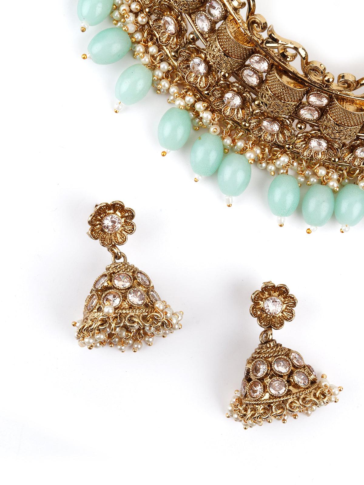 Odette Women Matte Finish Gold Tone Mint Green Onyx-Mani Choker Set - Image 4