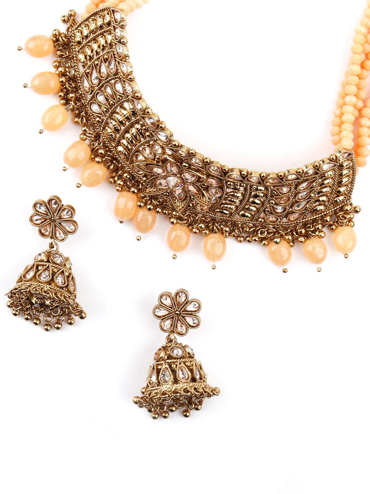 Odette Women Matte Finish Gold Tone Peach Onyx-Mani Choker Set - Image 6