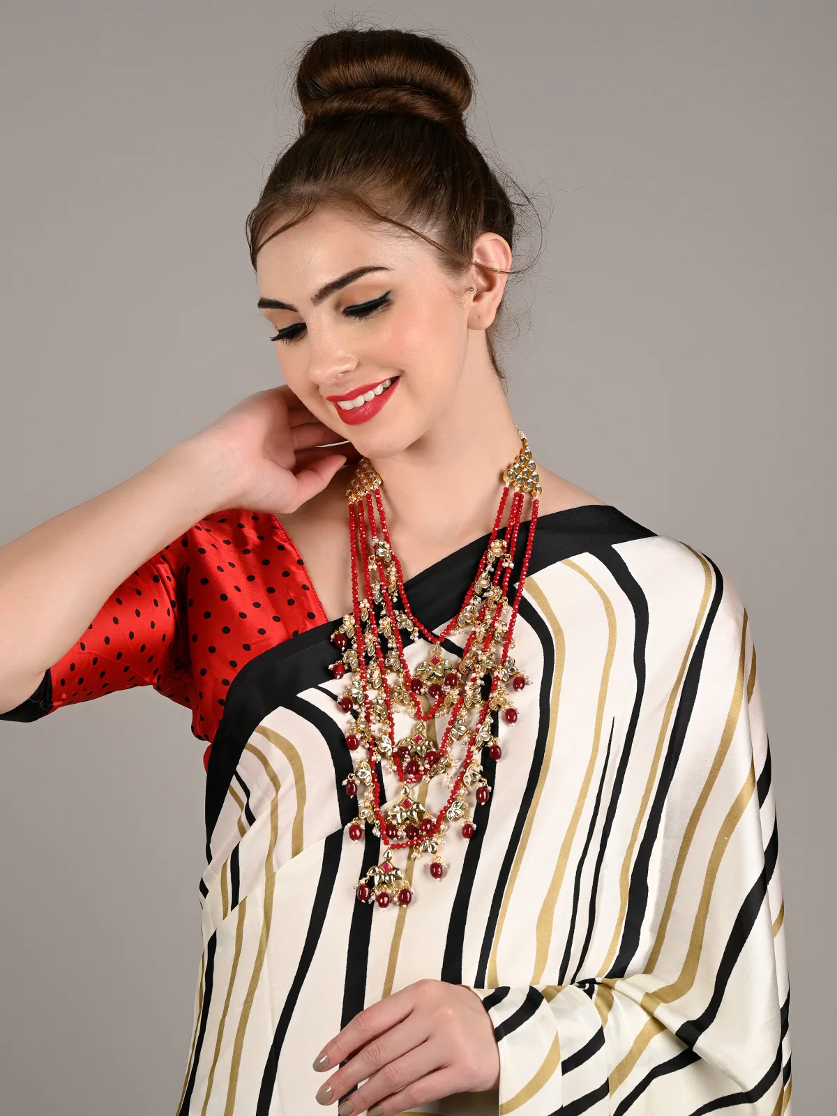 Odette Women Multi-Strand Authentic Maroon Onyx-Kundan-Mani Necklace Set! - Image 2