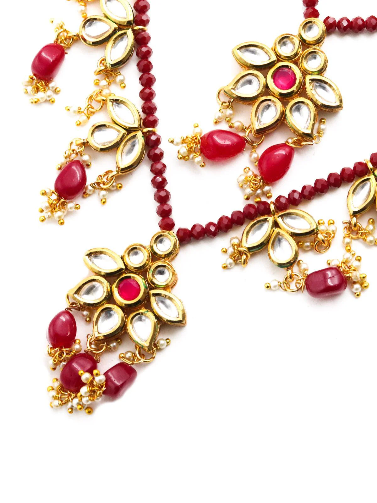Odette Women Multi-Strand Authentic Maroon Onyx-Kundan-Mani Necklace Set! - Image 6
