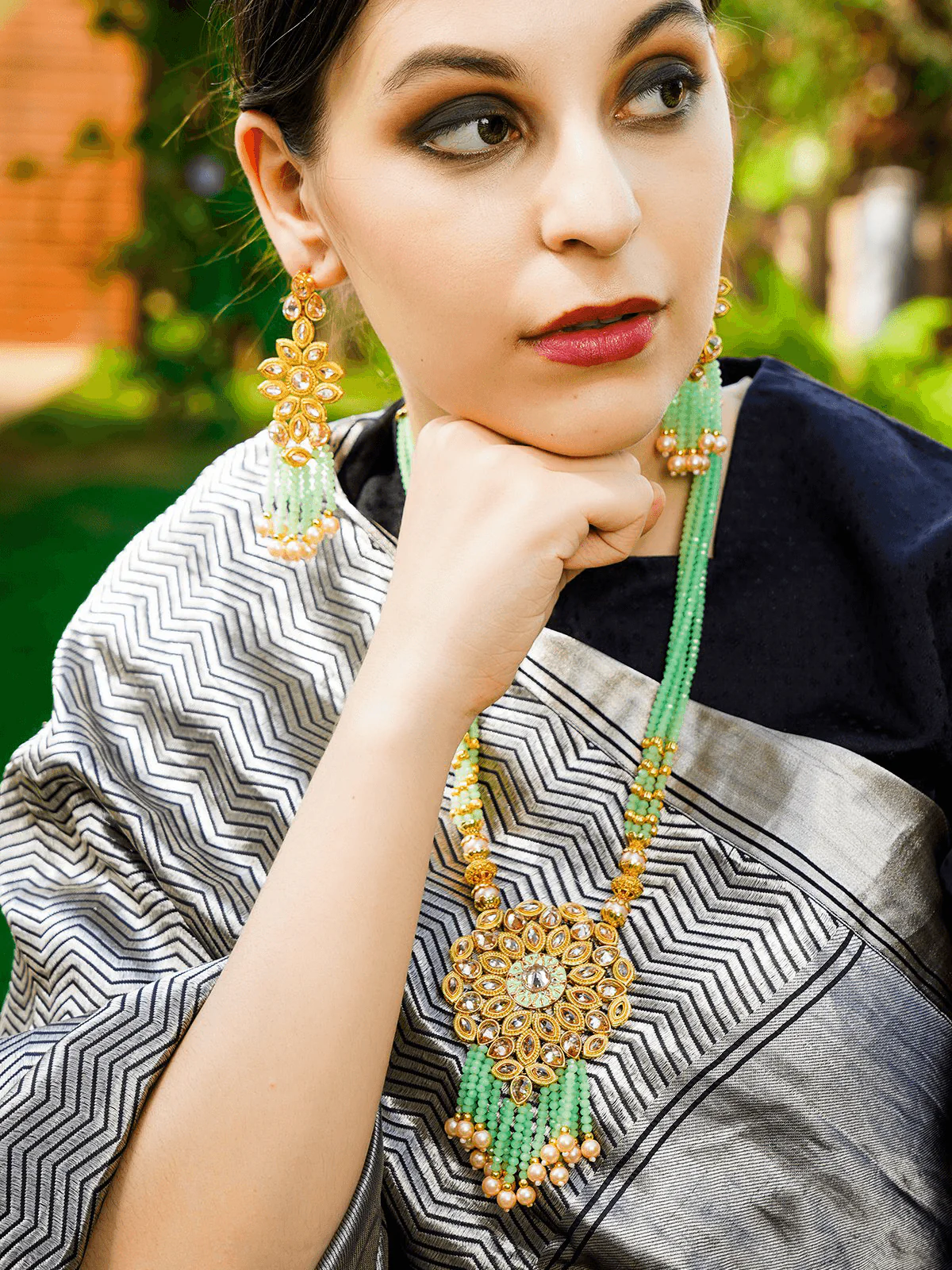 Odette Women Multi-Strand Light Green Onyx Necklace With Earrings - Image 2