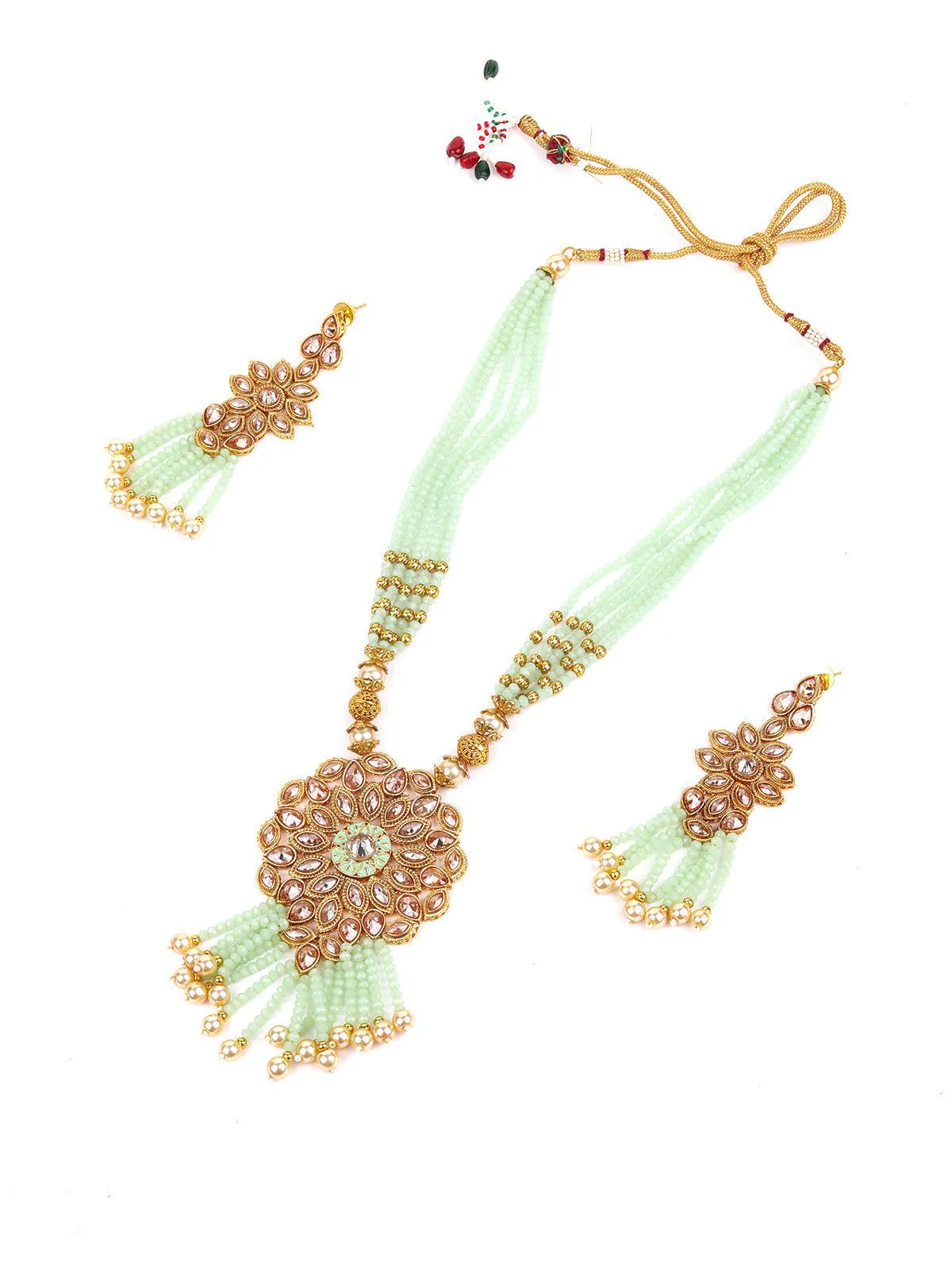 Odette Women Multi-Strand Light Green Onyx Necklace With Earrings - Image 4