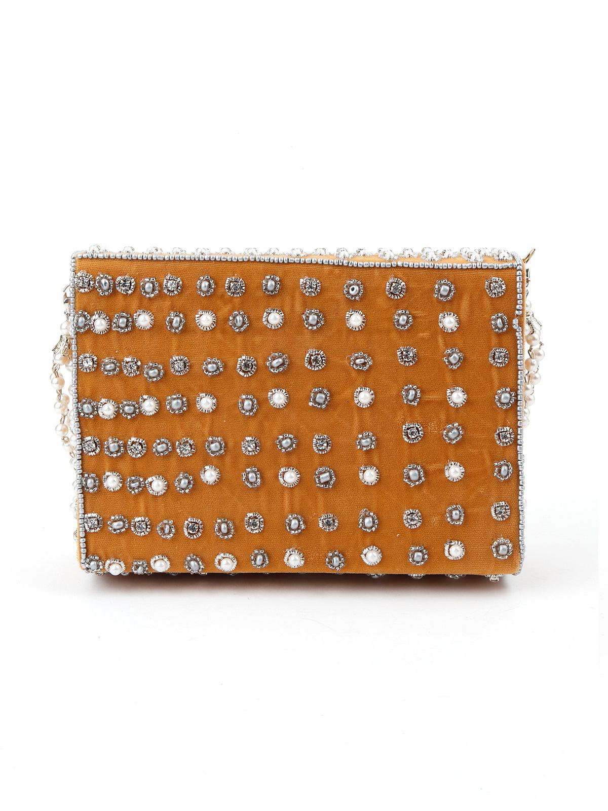 Odette Women Mustard Yellow Embellished Box Clutch - Image 3