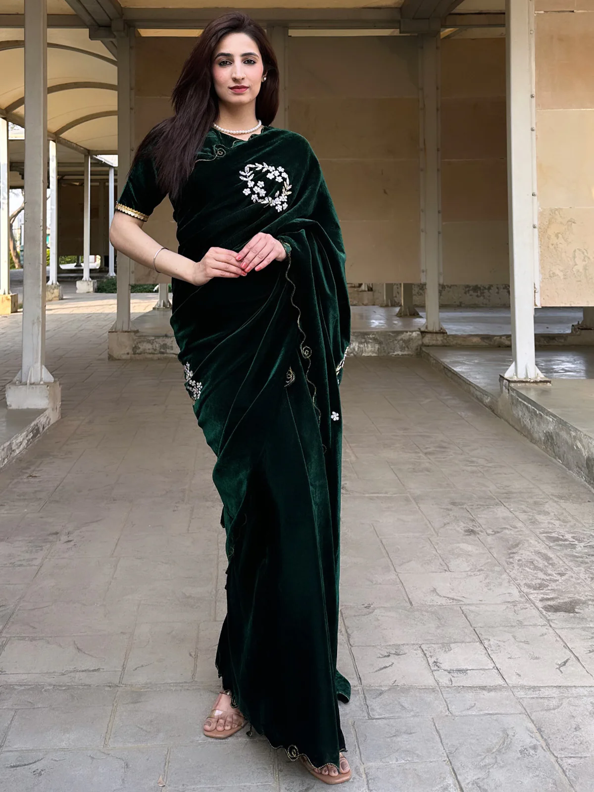 Odette Women Velvet Embroidered Green Saree With Blouse Piece