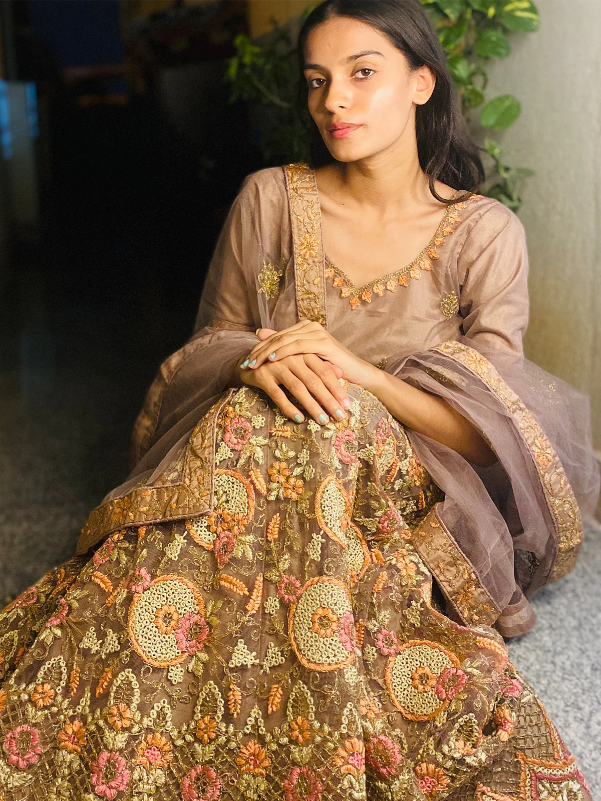 Odette Brown Net Embroidered Stitched Lehenga Choli For Women - Image 2