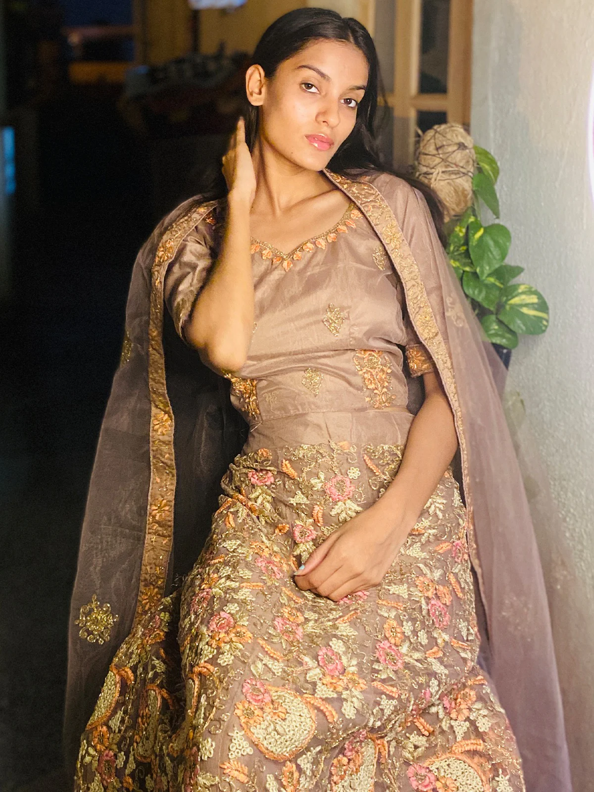 Odette Brown Net Embroidered Stitched Lehenga Choli For Women - Image 3