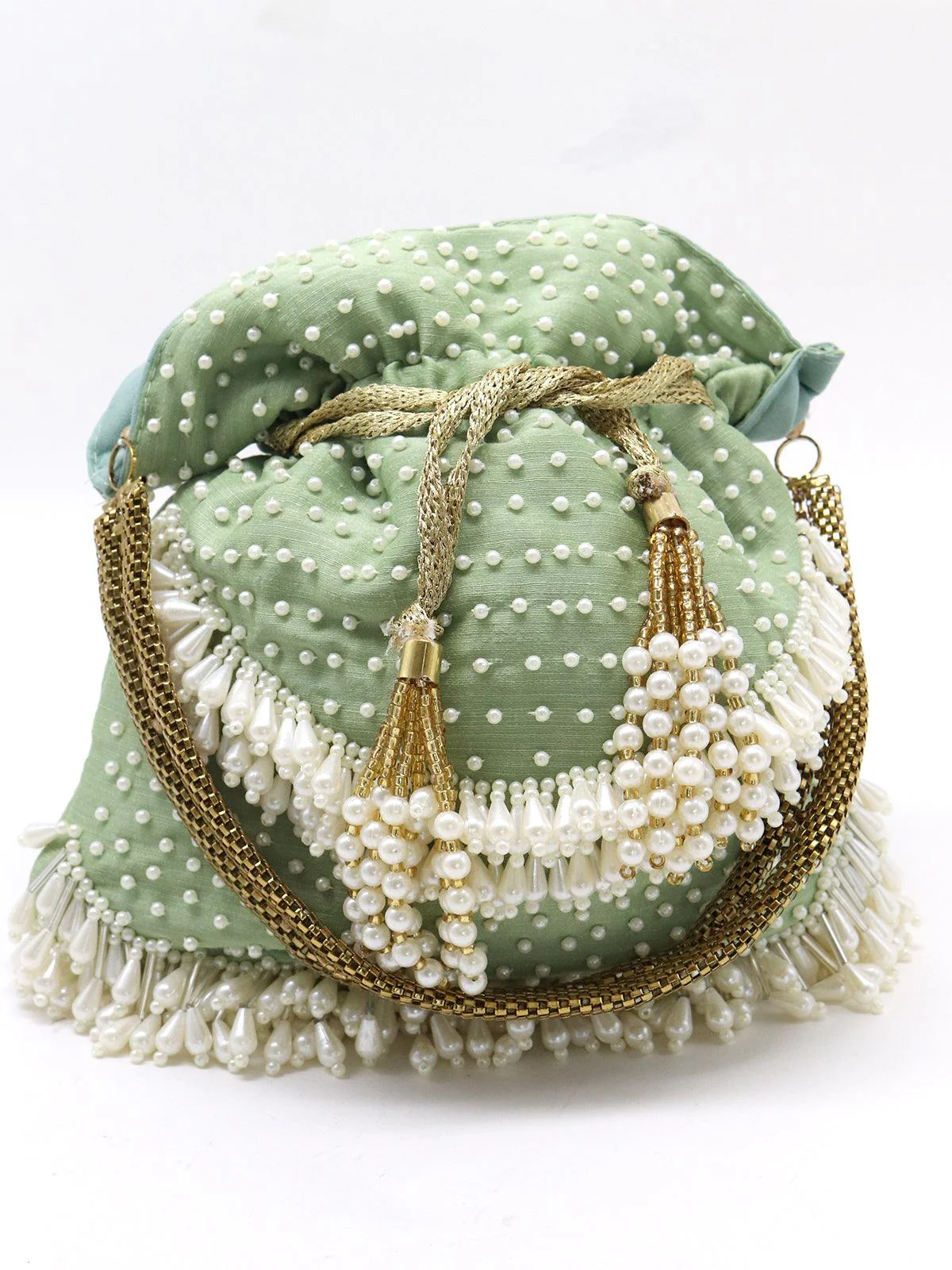 Odette Women Parrot-Green Potli With Pearls - Image 3
