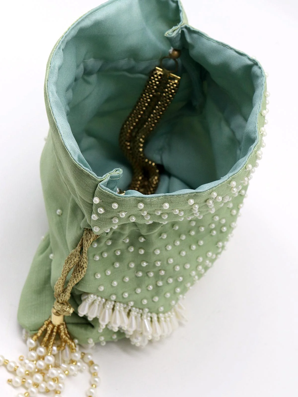 Odette Women Parrot-Green Potli With Pearls - Image 4