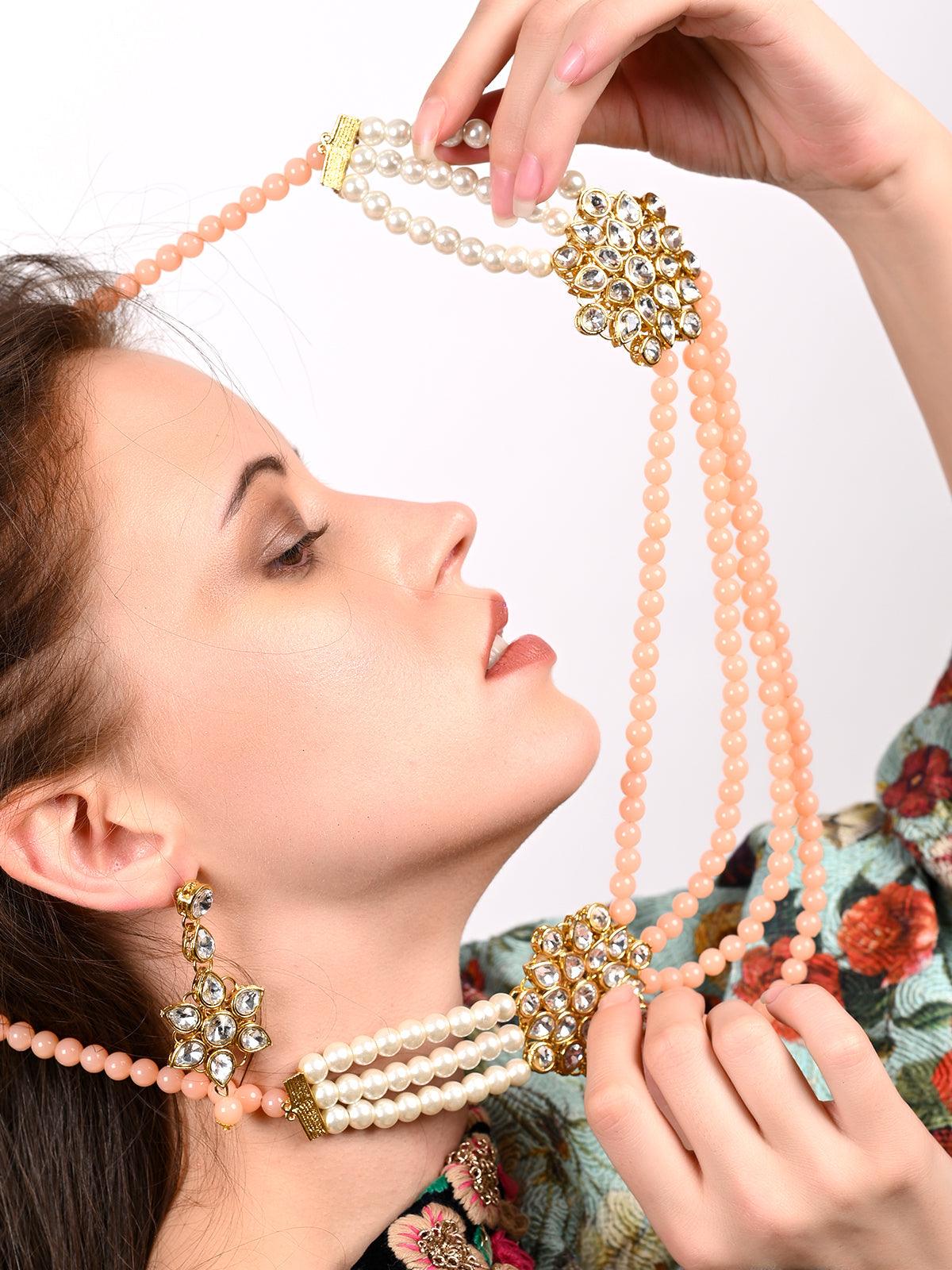 Odette Women Peach And Regular Faux Pearl Necklace With Earrings - Image 2