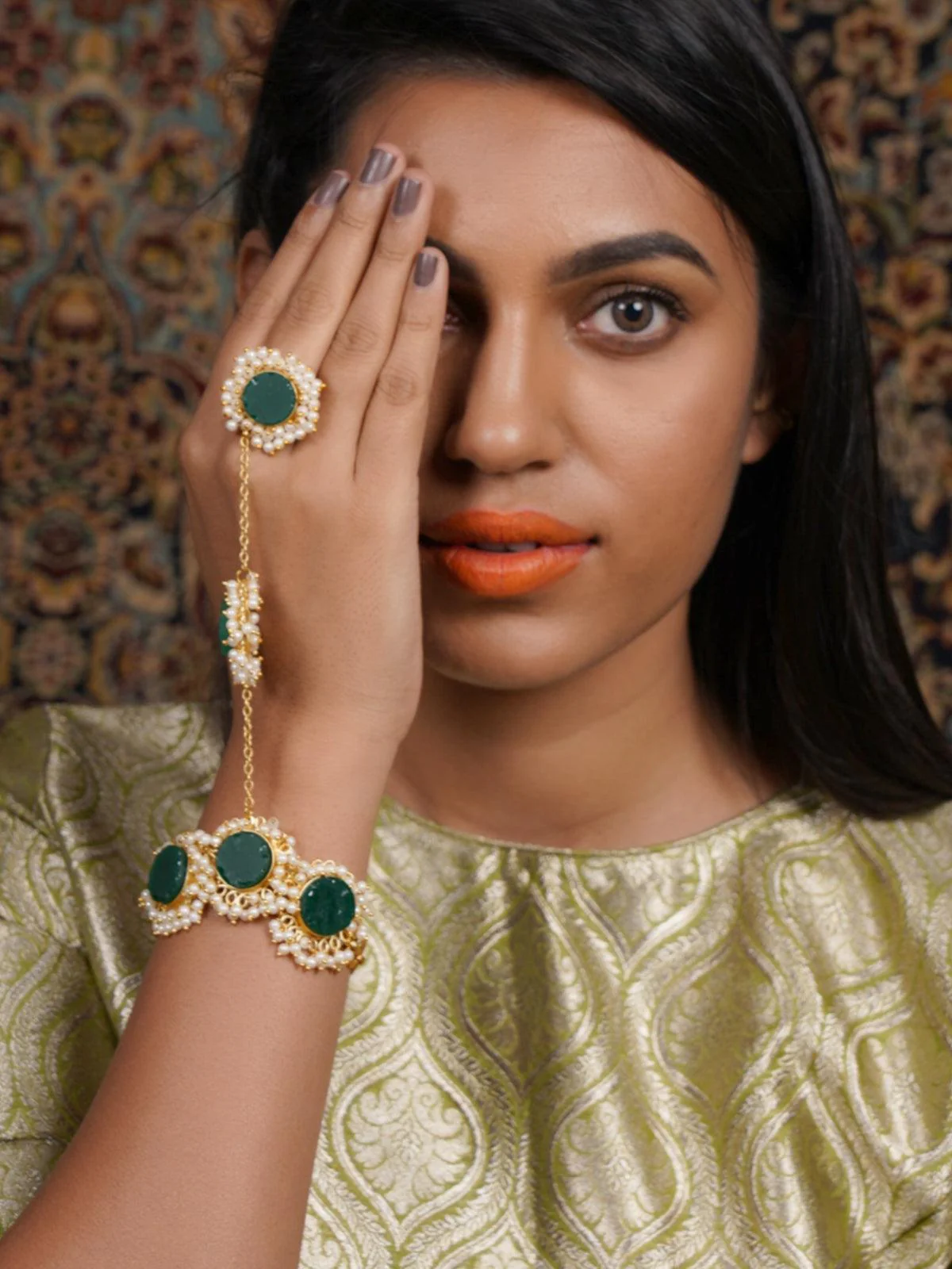 Odette Women Perfect Gold Tone Green Druzy-Pearl Bracelet - Image 2