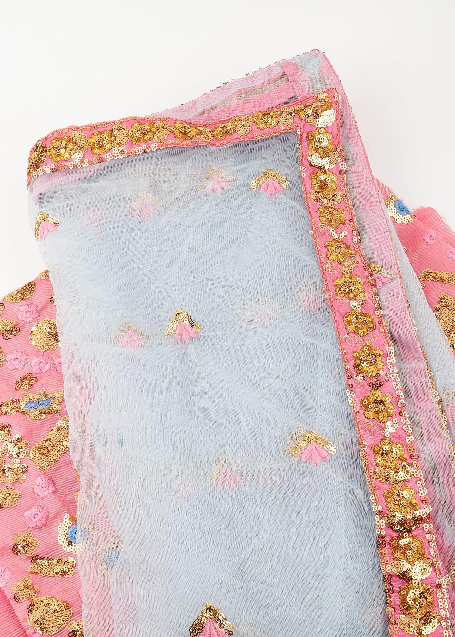 Odette Women Pink & Blue Soft Net Semi Stitched Lehenga With  Unstitched Blouse - Image 4